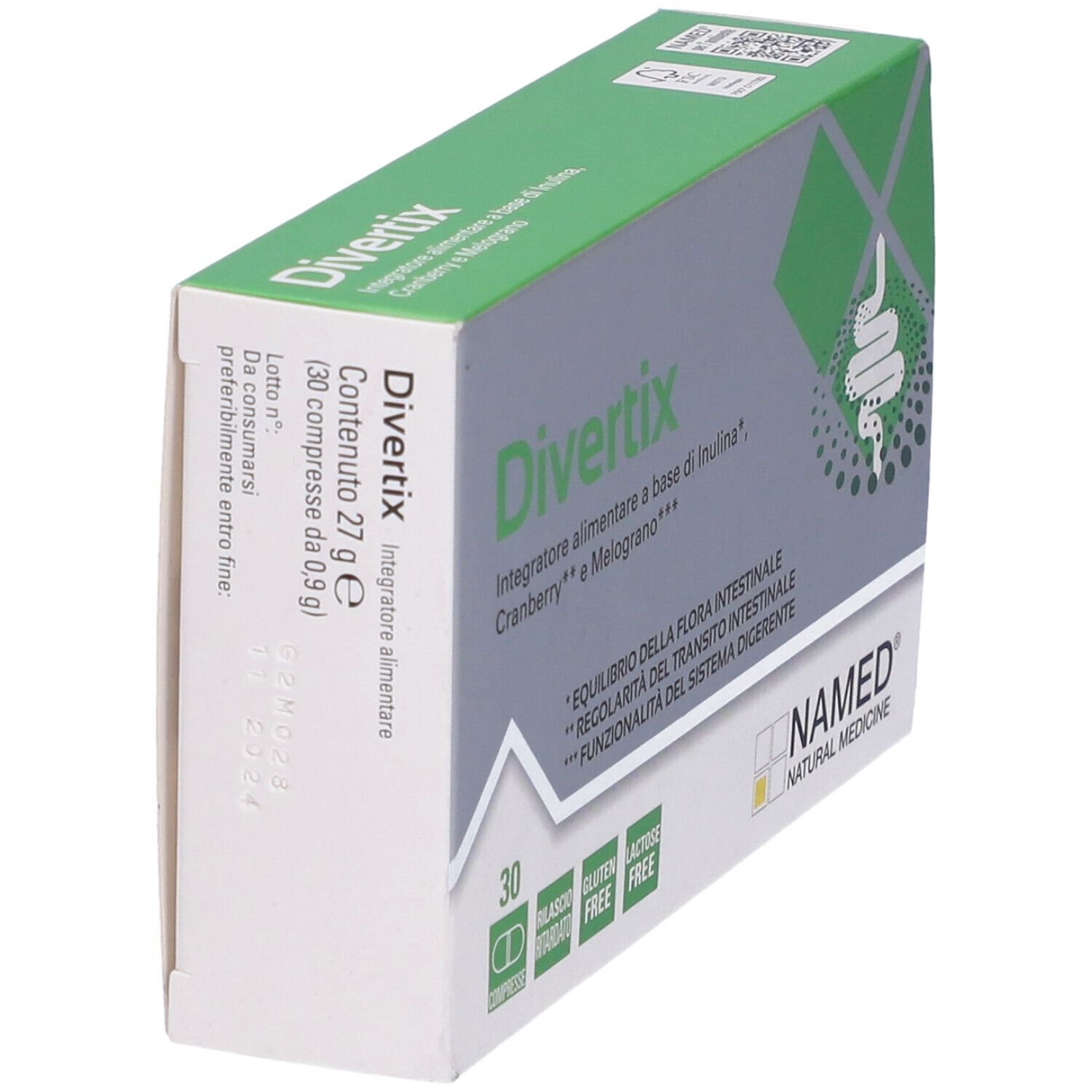 Scatola "Divertix" con 30 compresse. Confezione verde e bianca con nome del prodotto, ingredienti e logo "NAMED".