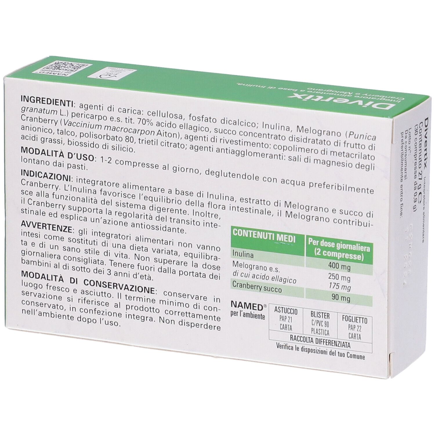 Retro della scatola "Divertix". Contiene informazioni su ingredienti, uso e produttore "NAMED".