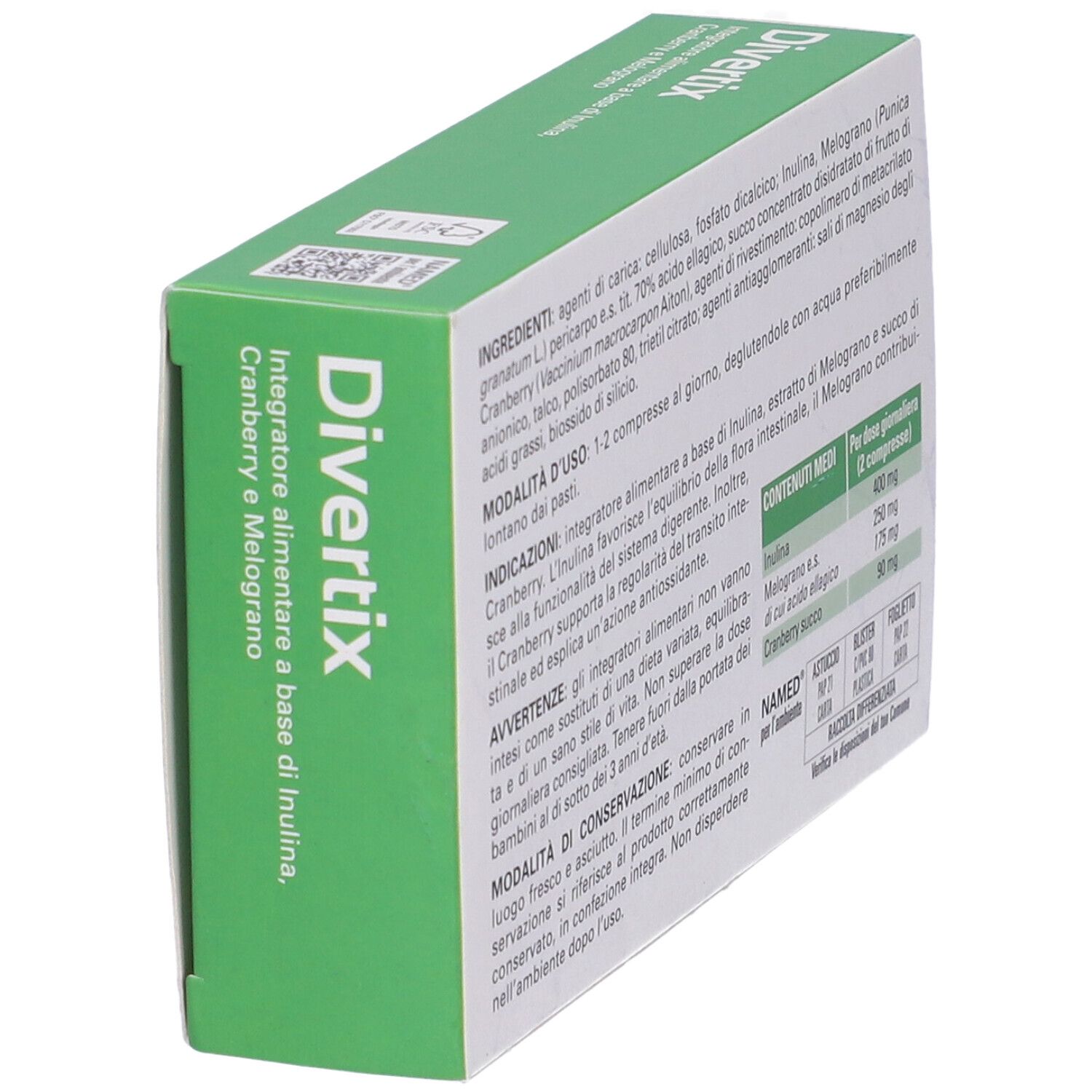 Scatola "Divertix" con informazioni. Contiene ingredienti, istruzioni per l'uso e informazioni sul produttore.
