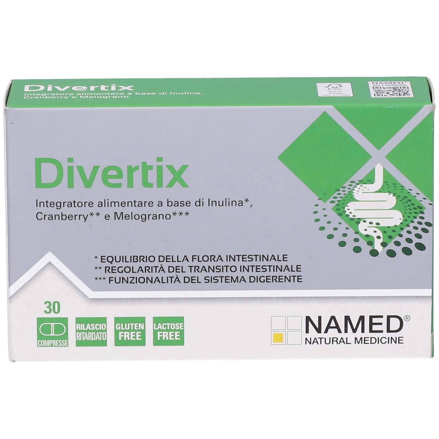 Scatola "Divertix" con 30 compresse. Confezione verde e bianca con nome del prodotto, ingredienti e logo "NAMED".