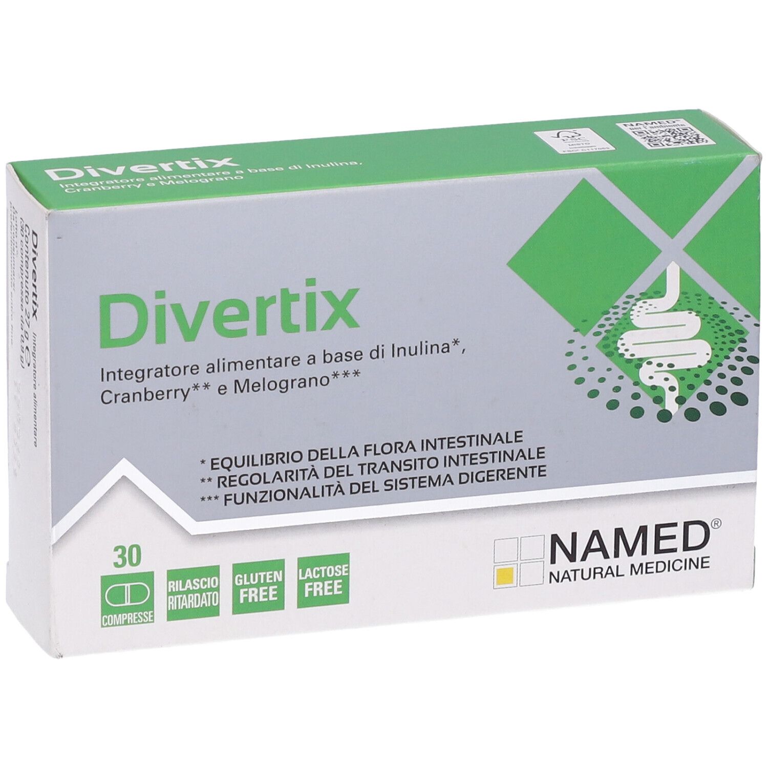 Scatola "Divertix" con 30 compresse. Confezione verde e bianca con nome del prodotto, ingredienti e logo "NAMED".