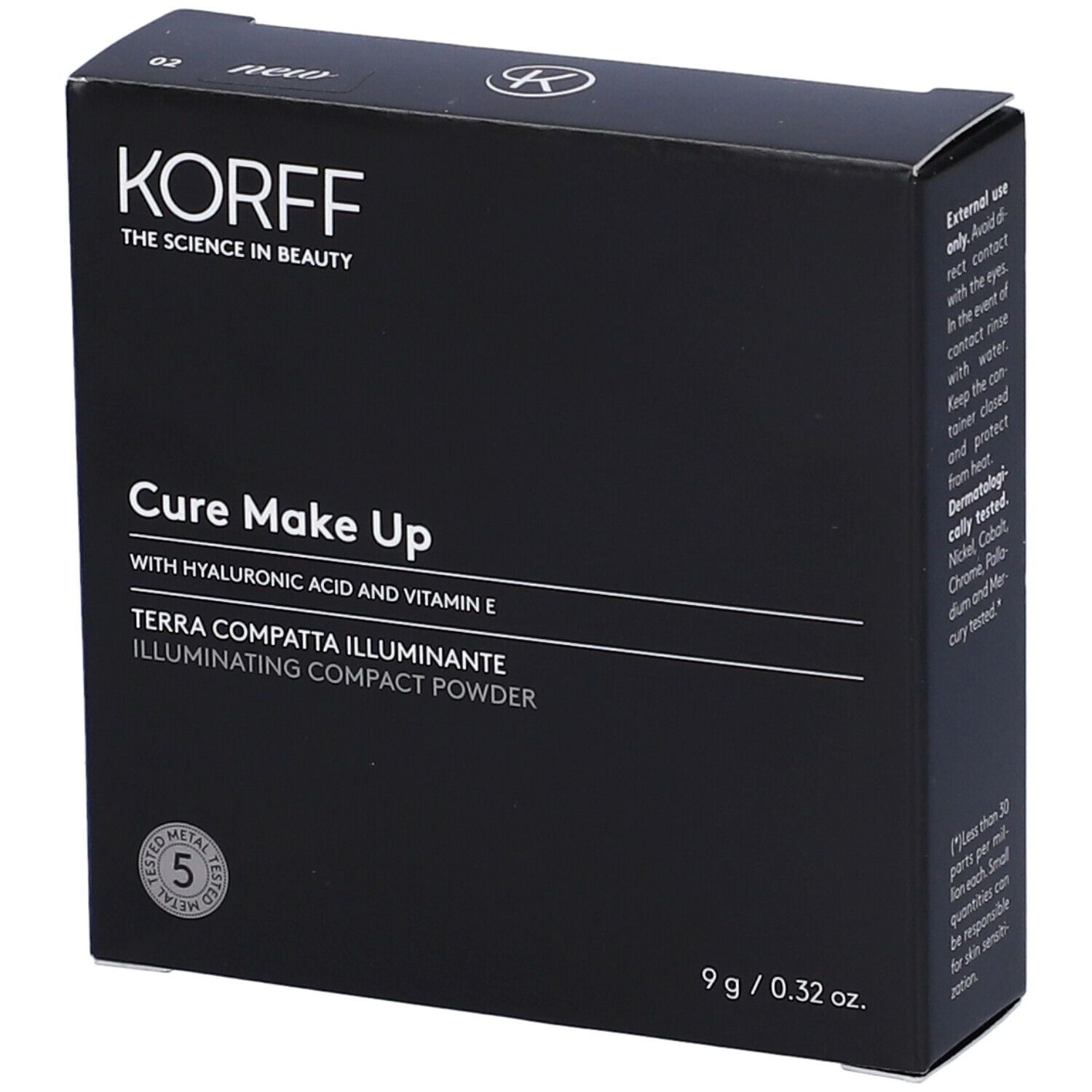 KORFF Terra Compatta Illuminante 02. Confezione nera. Testo: Cure Make Up, Terra Compatta Illuminante. Dermatologicamente testato.
