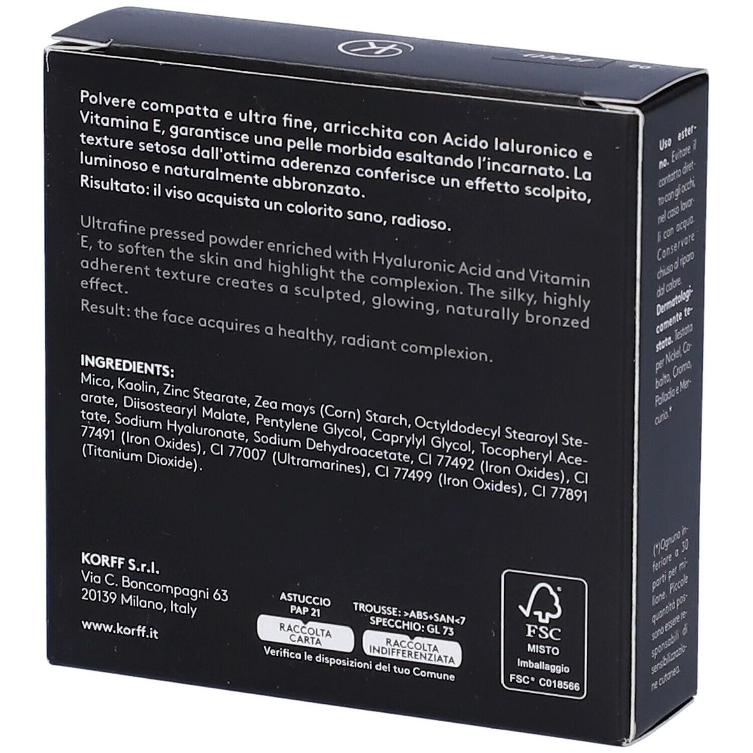 KORFF Terra Compatta Illuminante 02. Confezione nera. Testo: Ingredienti, indirizzo. Certificazione FSC. Dermatologicamente testato.