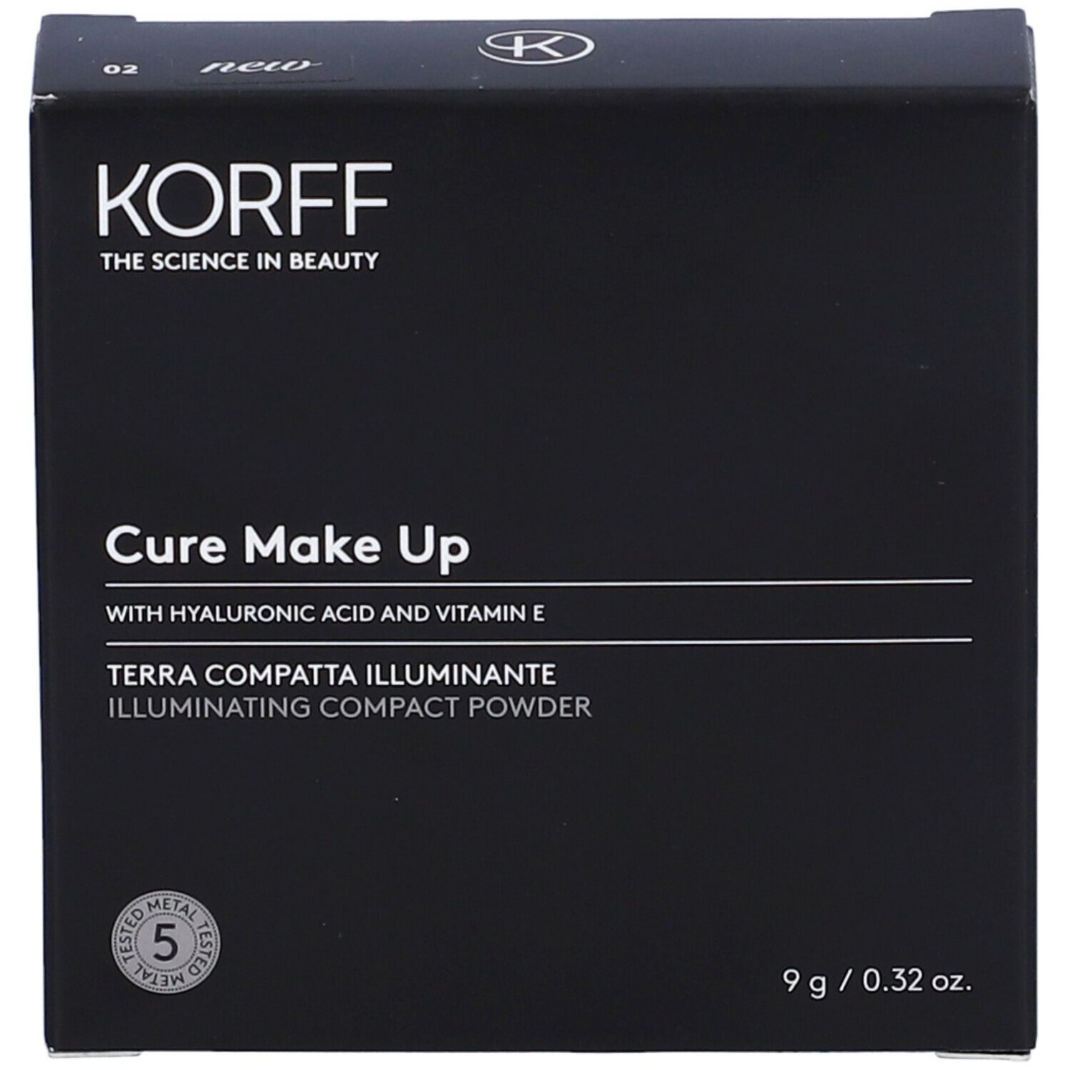 KORFF Terra Compatta Illuminante 02. Confezione nera. Testo: Cure Make Up, Terra Compatta Illuminante. Dermatologicamente testato.