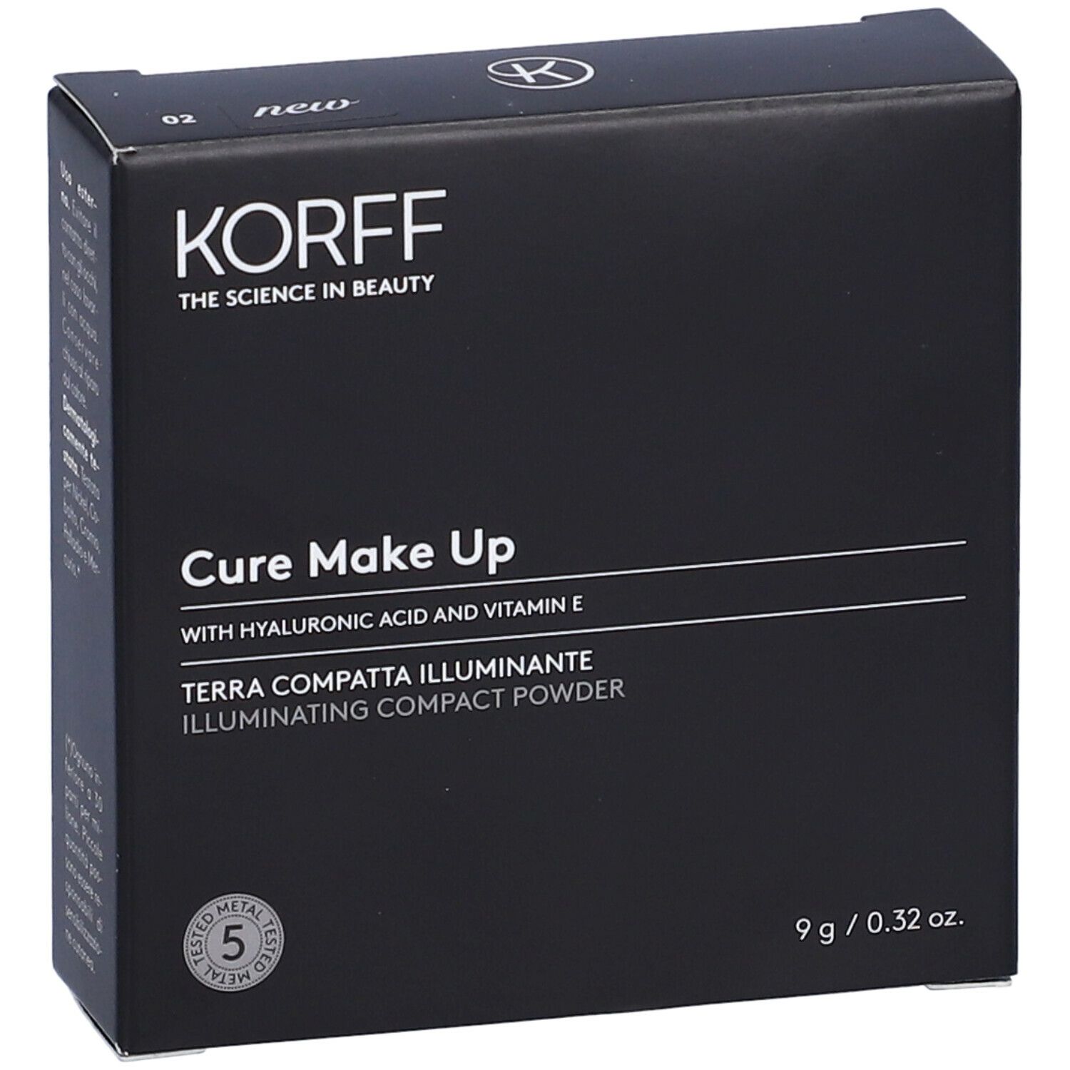 KORFF Terra Compatta Illuminante 02. Confezione nera. Testo: Cure Make Up, Terra Compatta Illuminante. Dermatologicamente testato.