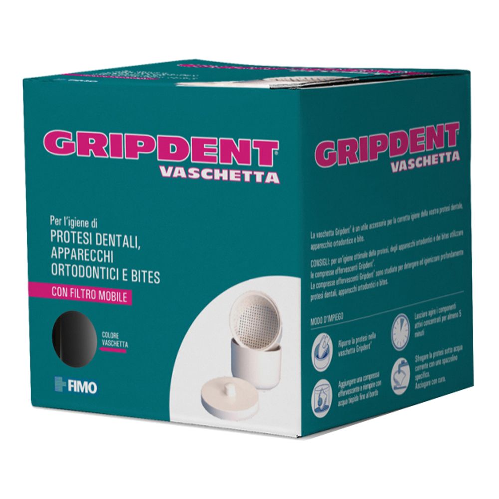 Confezione Gripdent Vaschetta. Scatola turchese con immagine e testo. Contiene vaschetta con filtro mobile.