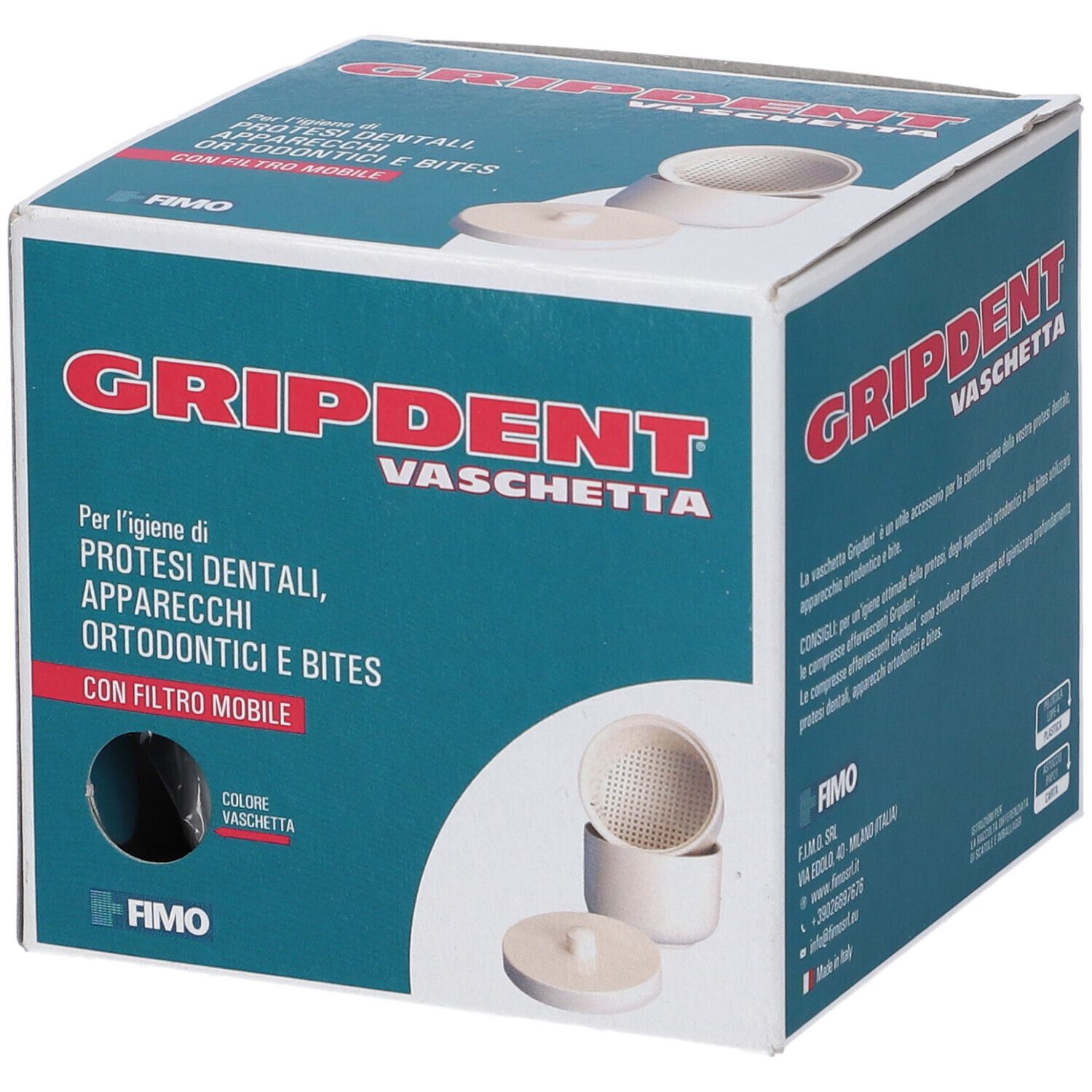 Confezione Gripdent Vaschetta. Scatola turchese con immagine e testo. Contiene vaschetta con filtro mobile.