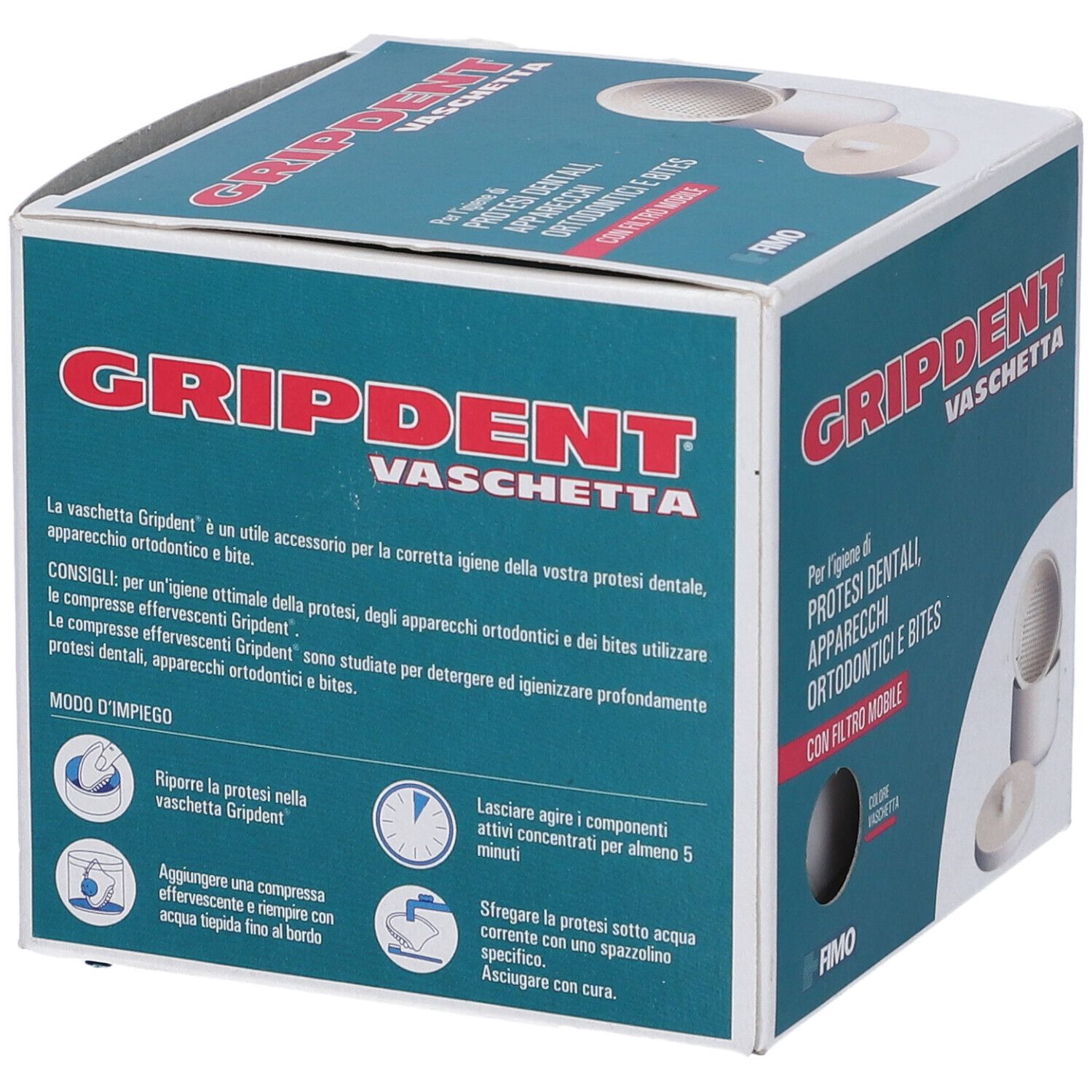 Confezione Gripdent Vaschetta. Scatola turchese con immagine e testo. Contiene vaschetta con filtro mobile.
