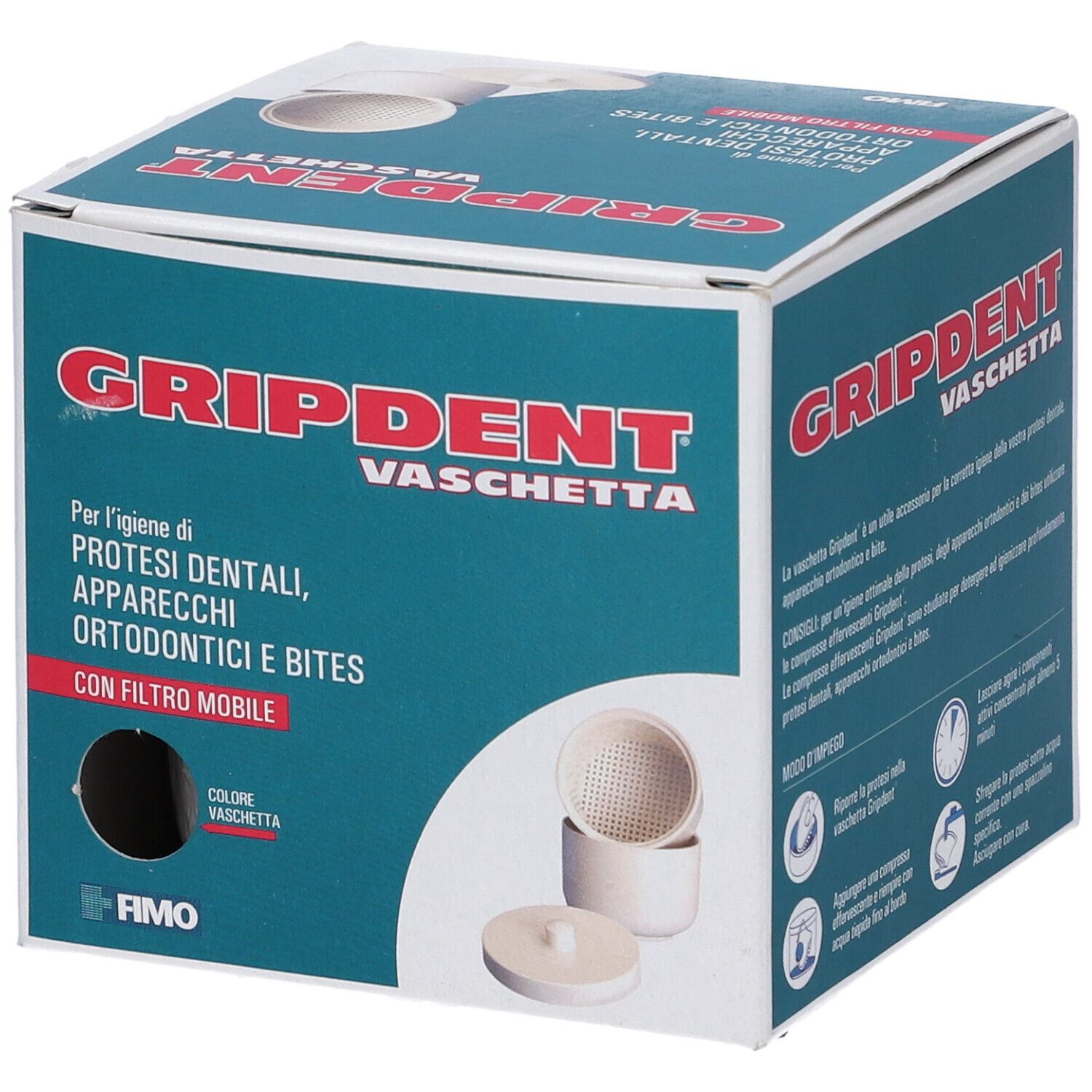Confezione Gripdent Vaschetta. Scatola turchese con immagine e testo. Contiene vaschetta con filtro mobile.