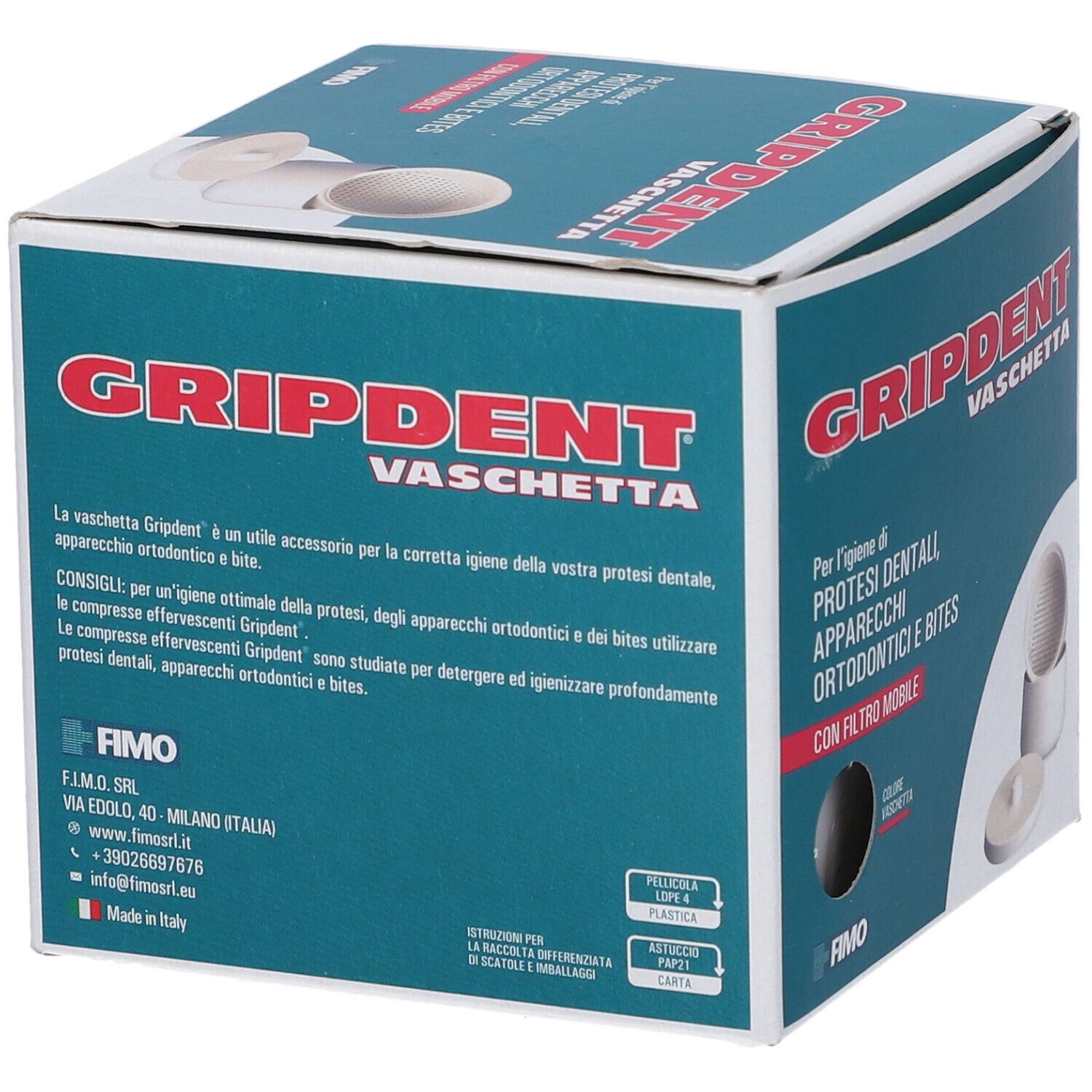Confezione Gripdent Vaschetta. Scatola turchese con immagine e testo. Contiene vaschetta con filtro mobile.
