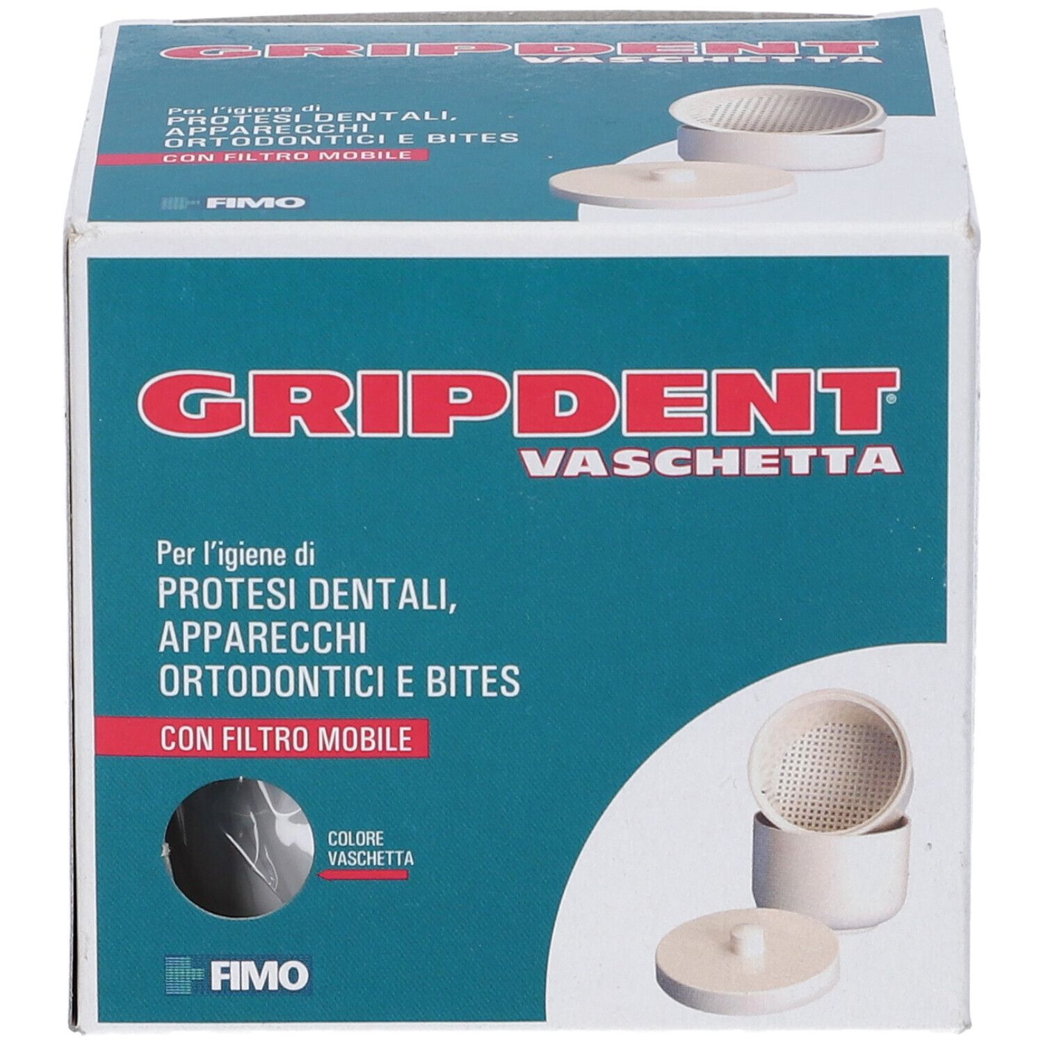 Confezione Gripdent Vaschetta. Scatola turchese con immagine e testo. Contiene vaschetta con filtro mobile.
