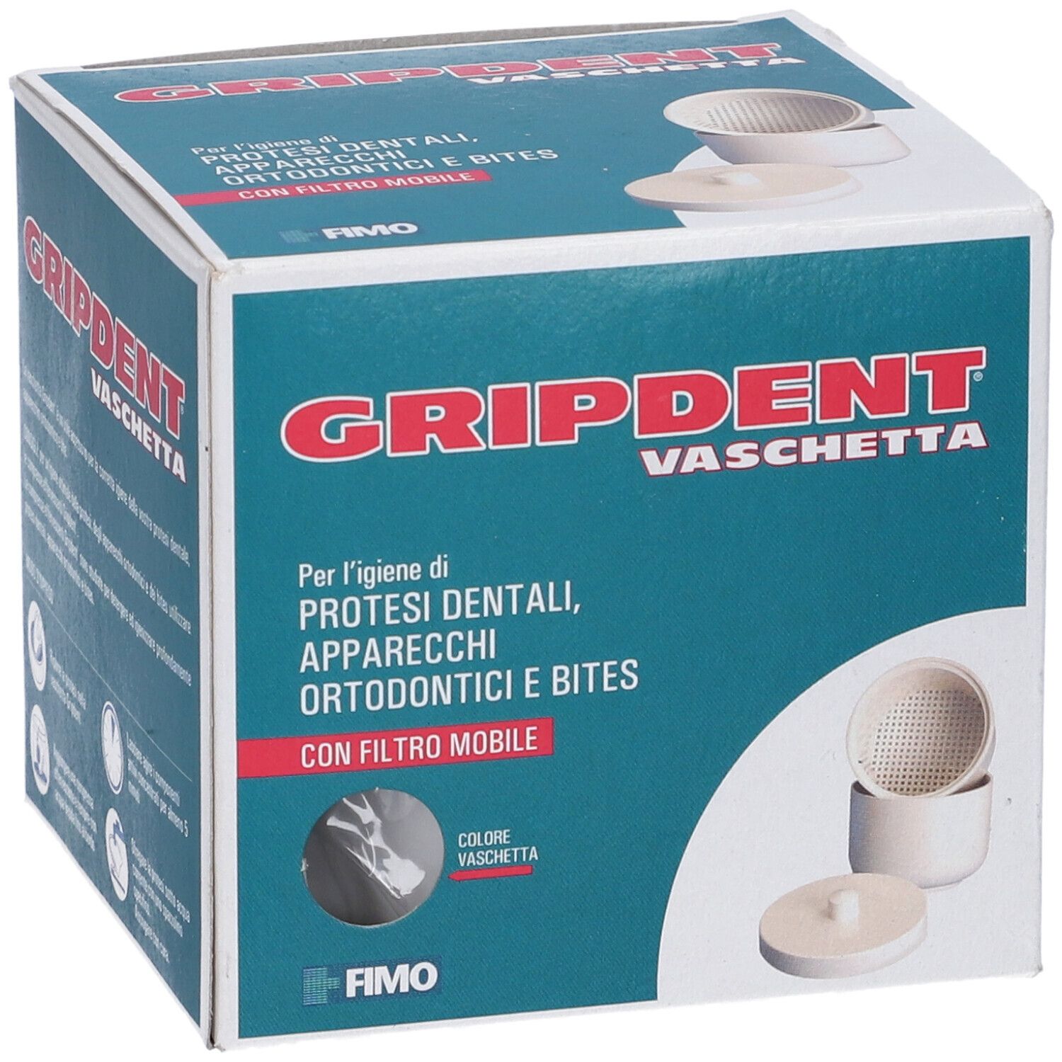 Confezione Gripdent Vaschetta. Scatola turchese con immagine e testo. Contiene vaschetta con filtro mobile.