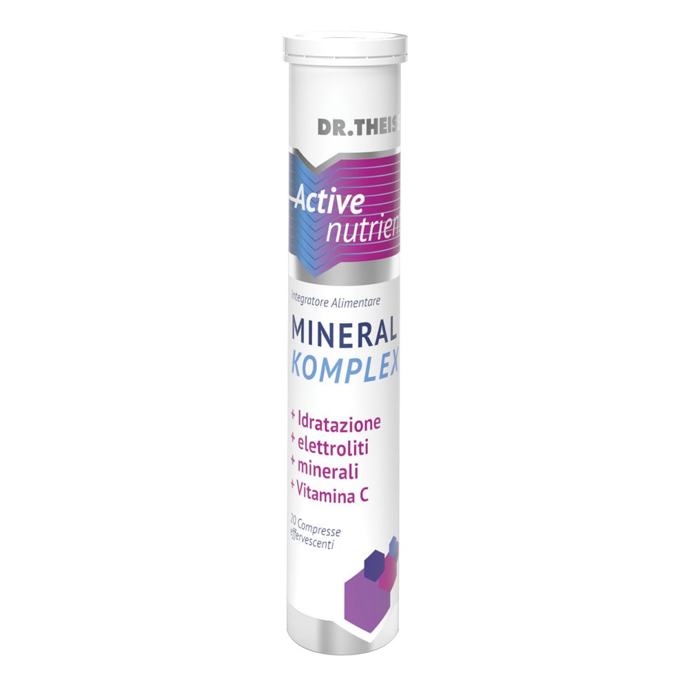 Tubo cilindrico "DR. Theiss Active nutrient Mineral Komplex". Contiene compresse effervescenti. Tappo e base bianchi.