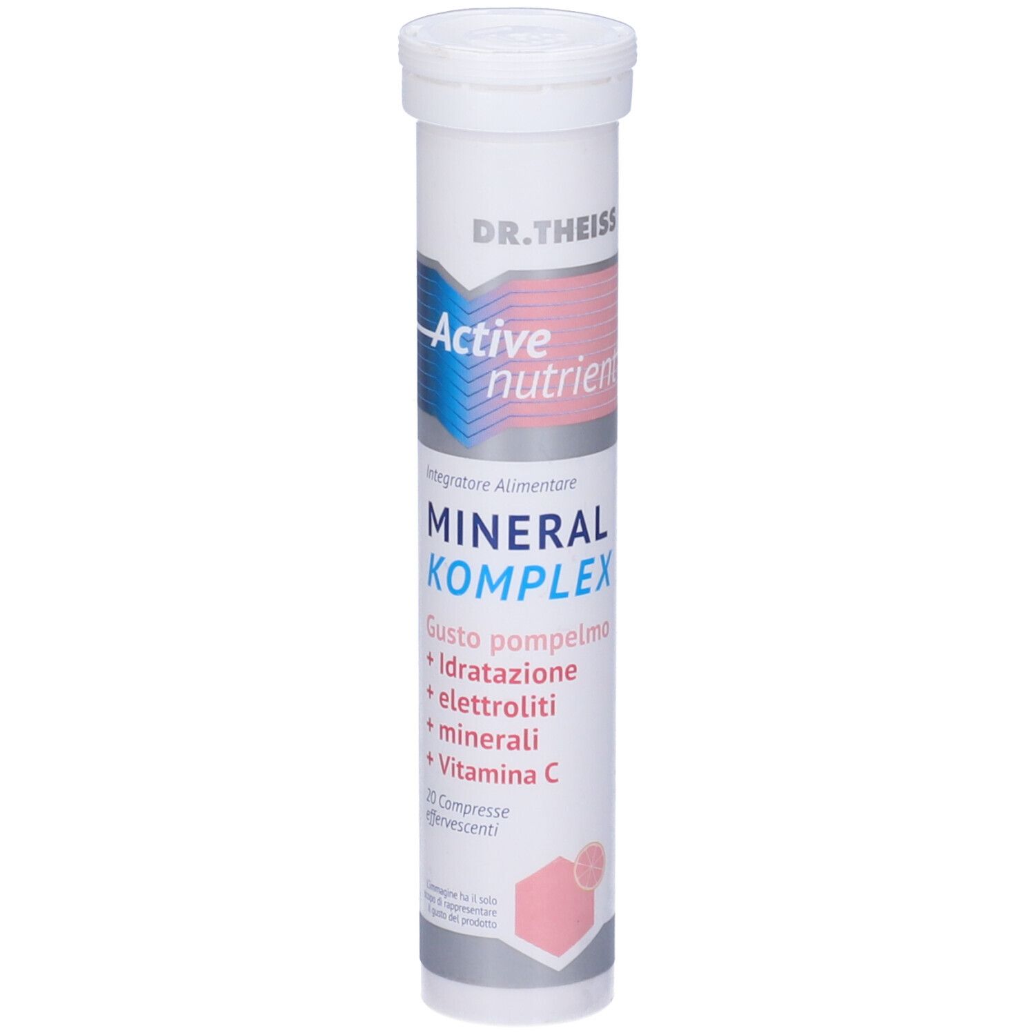 Tubo cilindrico "DR. Theiss Active nutrient Mineral Komplex". Gusto pompelmo. Contiene compresse effervescenti.