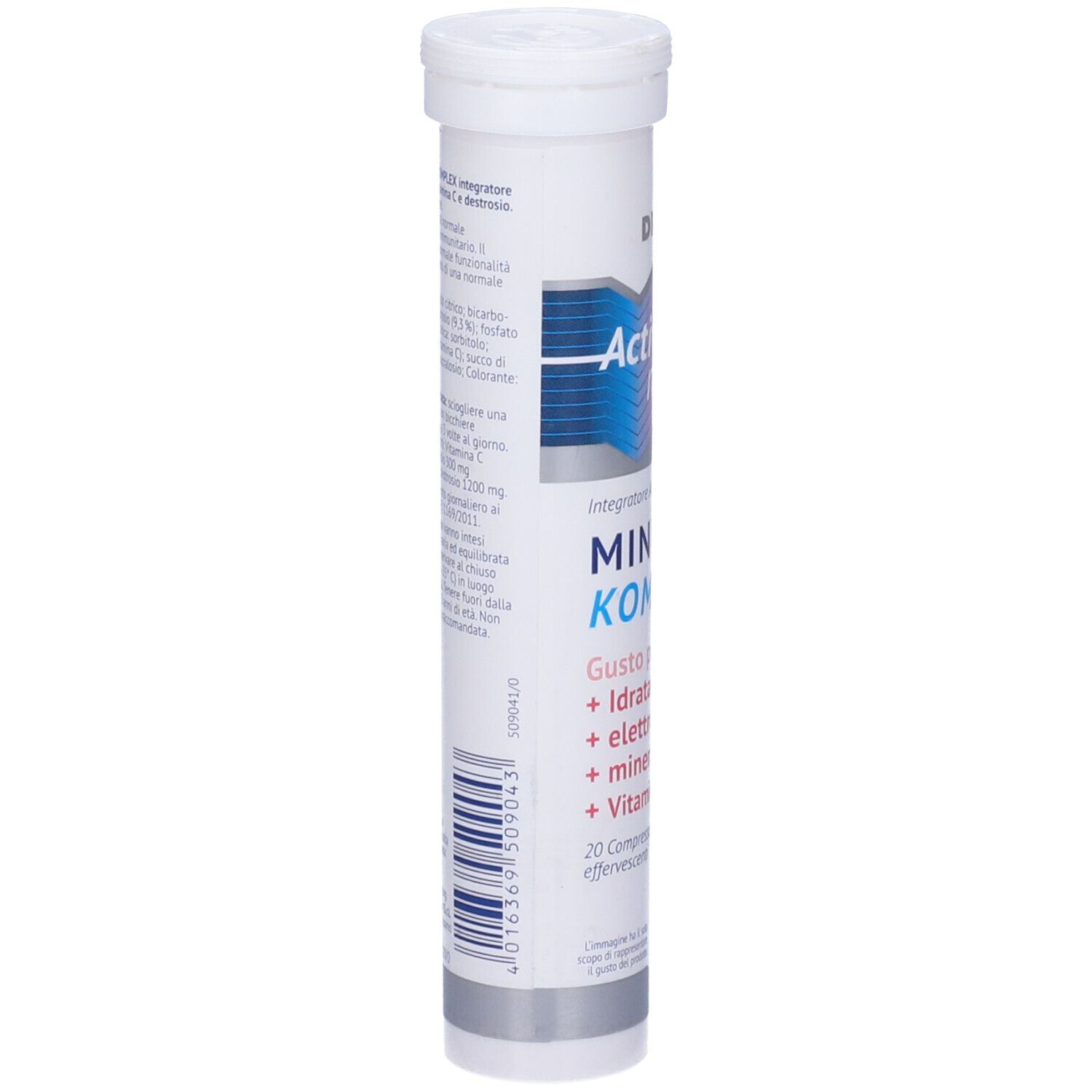 Tubo cilindrico "DR. Theiss Active nutrient Mineral Komplex". Retro con informazioni nutrizionali e ingredienti.