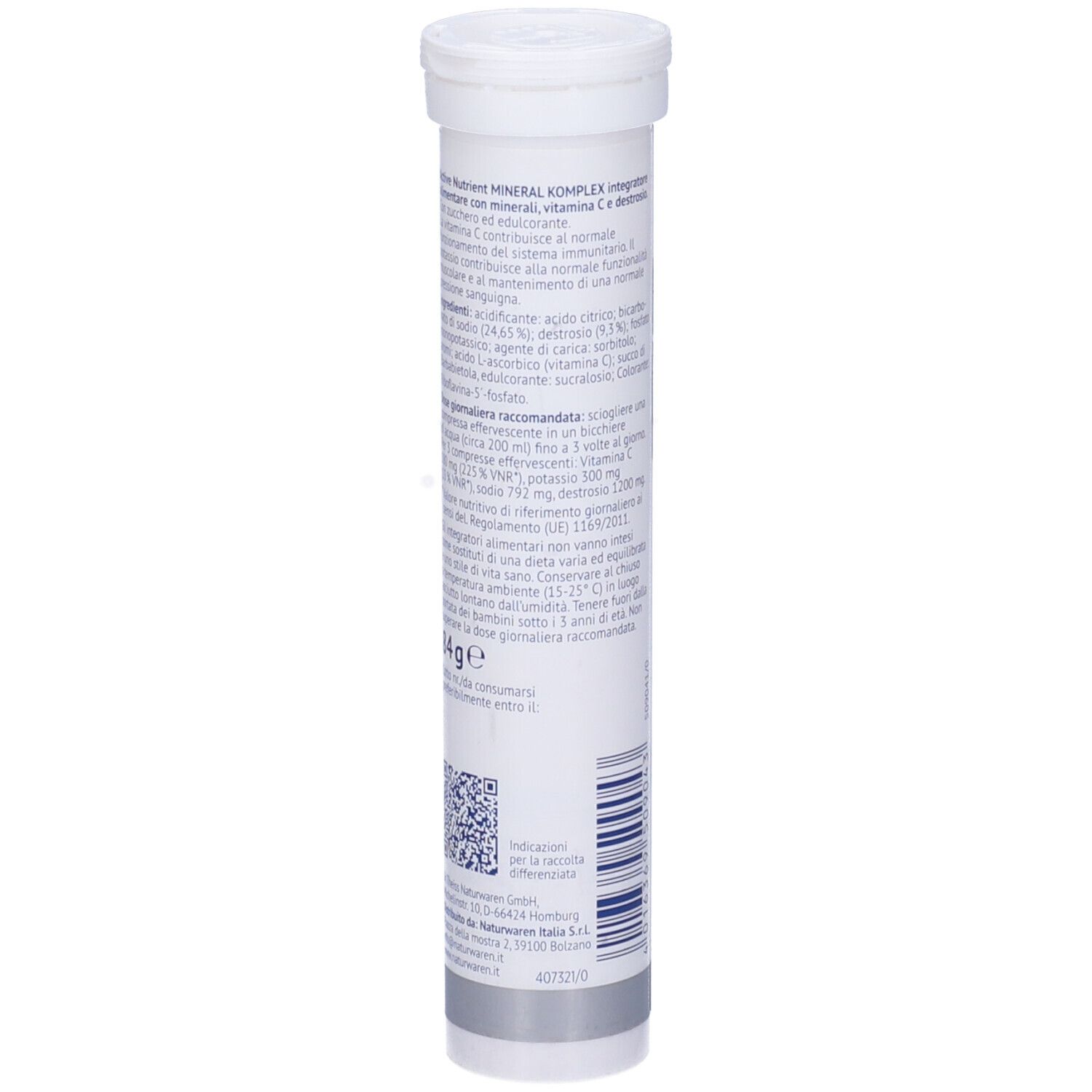 Tubo cilindrico "DR. Theiss Active nutrient Mineral Komplex". Retro con informazioni nutrizionali e ingredienti.