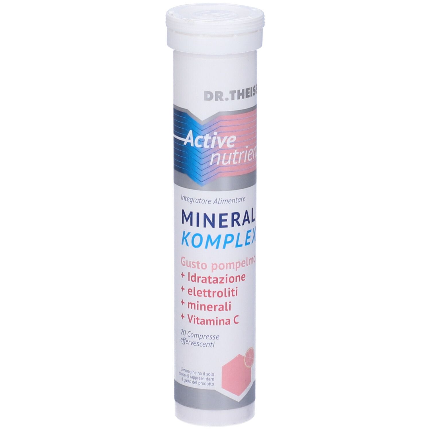 Tubo cilindrico "DR. Theiss Active nutrient Mineral Komplex". Gusto pompelmo. Contiene compresse effervescenti.