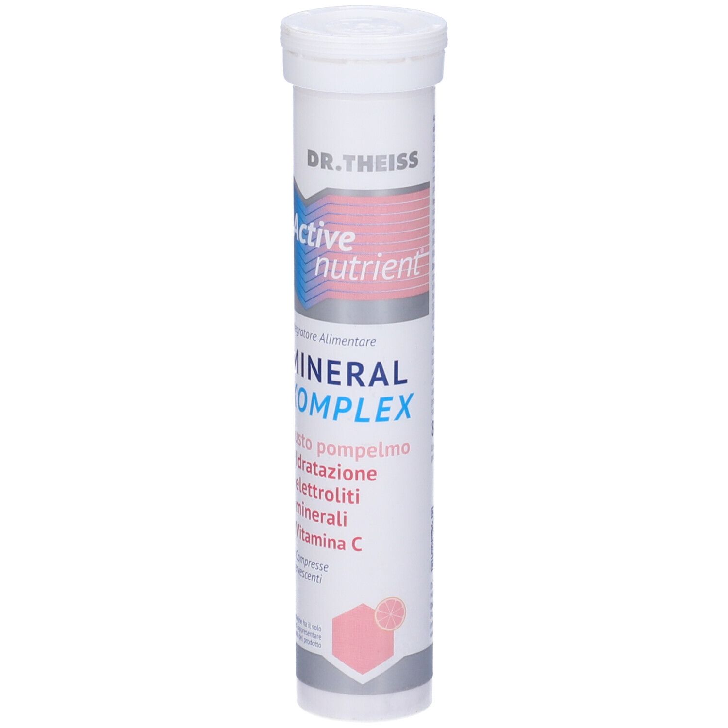 Tubo cilindrico "DR. Theiss Active nutrient Mineral Komplex". Gusto pompelmo. Contiene compresse effervescenti.