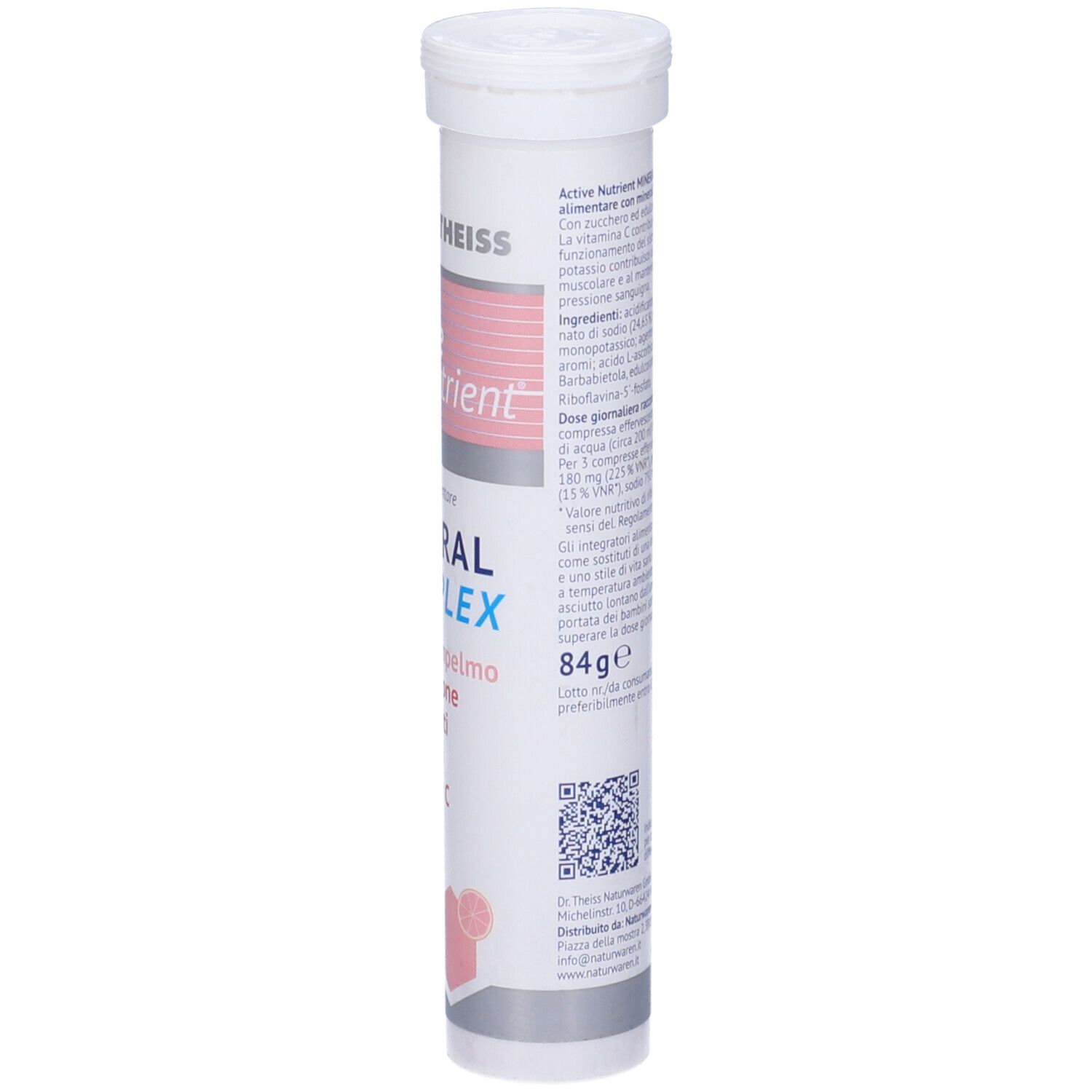 Tubo cilindrico "DR. Theiss Active nutrient Mineral Komplex". Retro con informazioni nutrizionali e ingredienti.