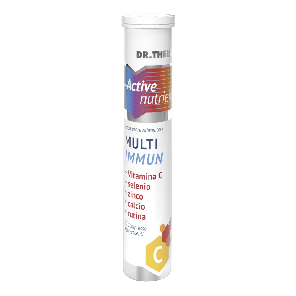 Tubo cilindrico. Scritte: Dr. Theiss, Active nutrient, Multi Immun, Vitamina C, Selenio, Zinco, Calcio, Rutina.