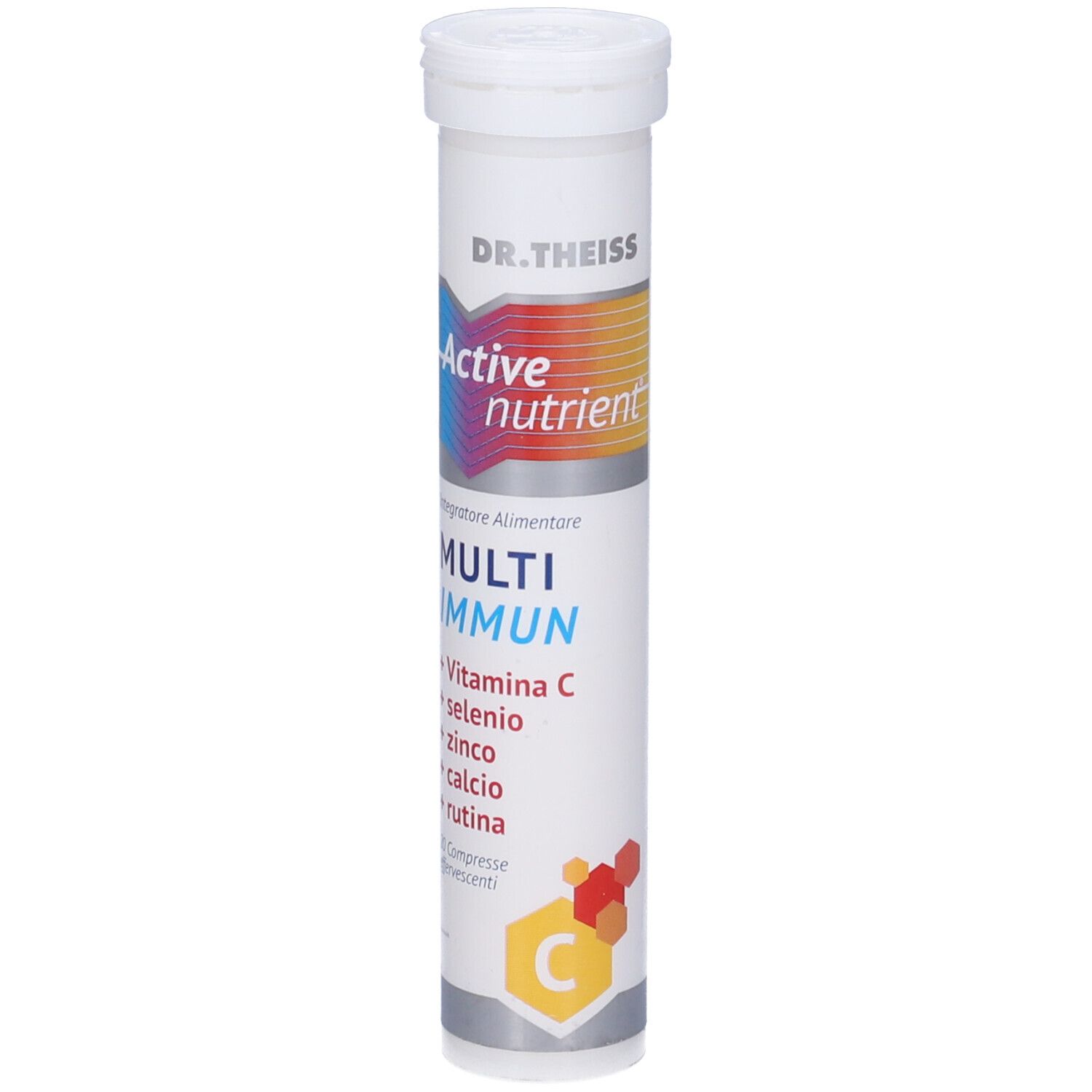 Tubo cilindrico. Scritte: Dr. Theiss, Active nutrient, Multi Immun, Vitamina C, Selenio, Zinco, Calcio, Rutina. 20 compresse.