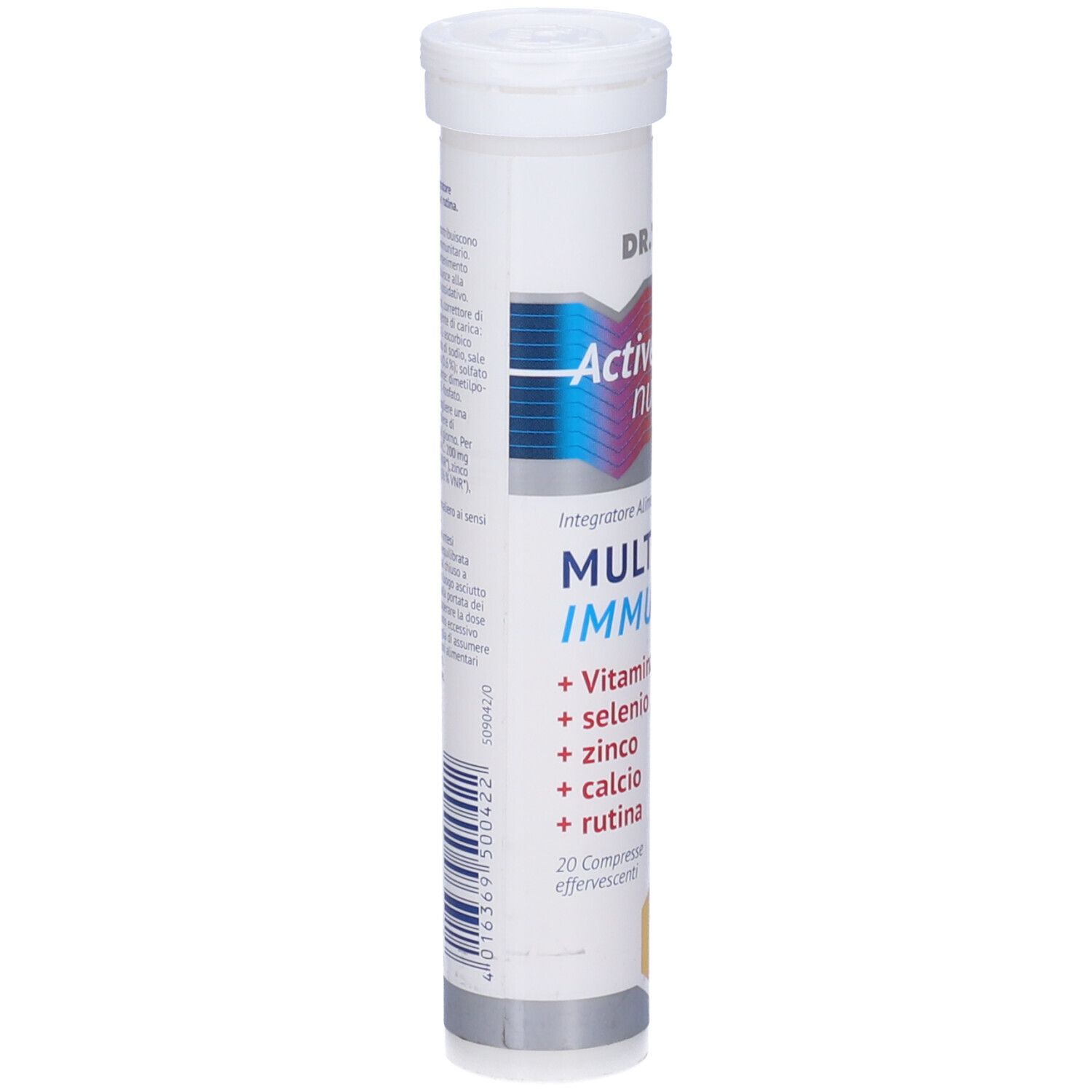 Tubo cilindrico. Scritte: Dr. Theiss, Active nutrient, Multi Immun, Vitamina C, Selenio, Zinco, Calcio, Rutina. Testo sul retro.