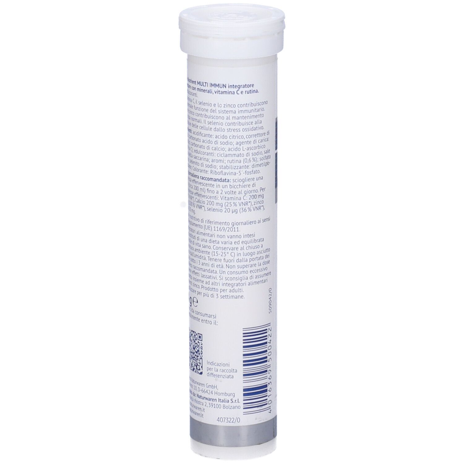 Tubo cilindrico. Scritte: Dr. Theiss, Active nutrient, Multi Immun, Vitamina C, Selenio, Zinco, Calcio, Rutina. Testo sul retro.