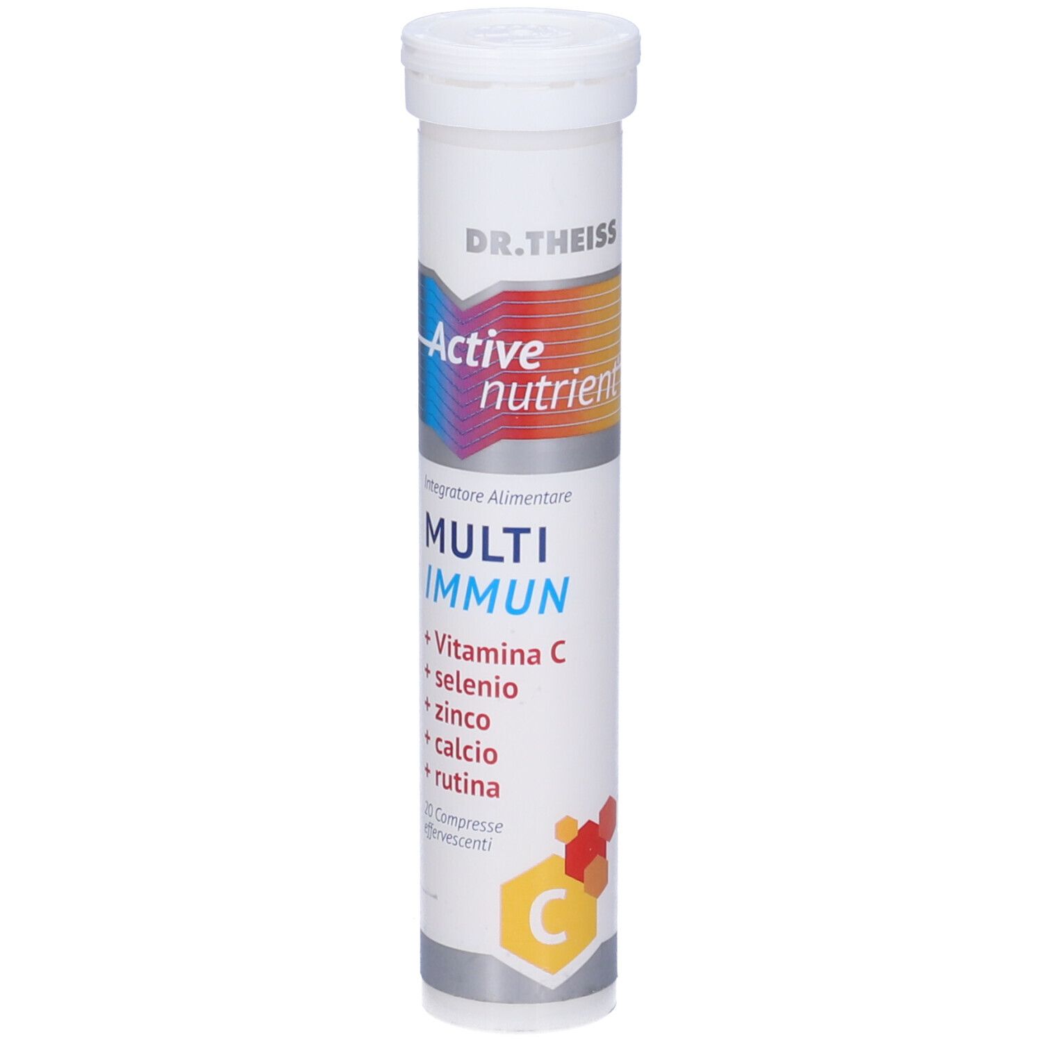 Tubo cilindrico. Scritte: Dr. Theiss, Active nutrient, Multi Immun, Vitamina C, Selenio, Zinco, Calcio, Rutina. 20 compresse.