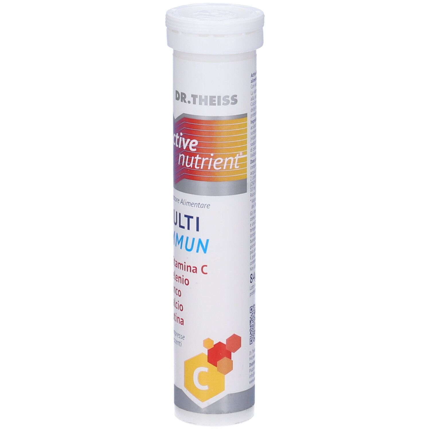 Tubo cilindrico. Scritte: Dr. Theiss, Active nutrient, Multi Immun, Vitamina C, Selenio, Zinco, Calcio, Rutina. 20 compresse.