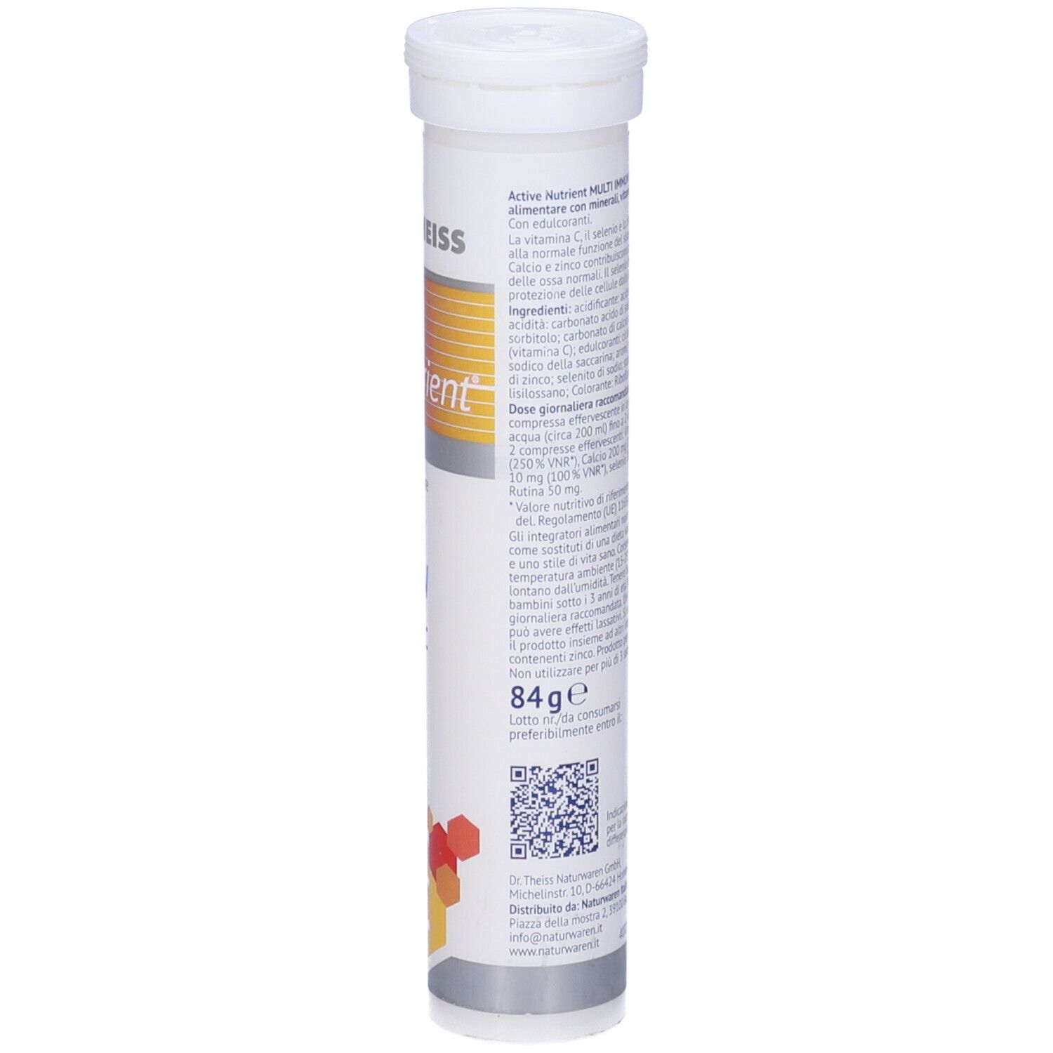 Tubo cilindrico. Scritte: Dr. Theiss, Active nutrient, Multi Immun, Vitamina C, Selenio, Zinco, Calcio, Rutina. Testo sul retro.