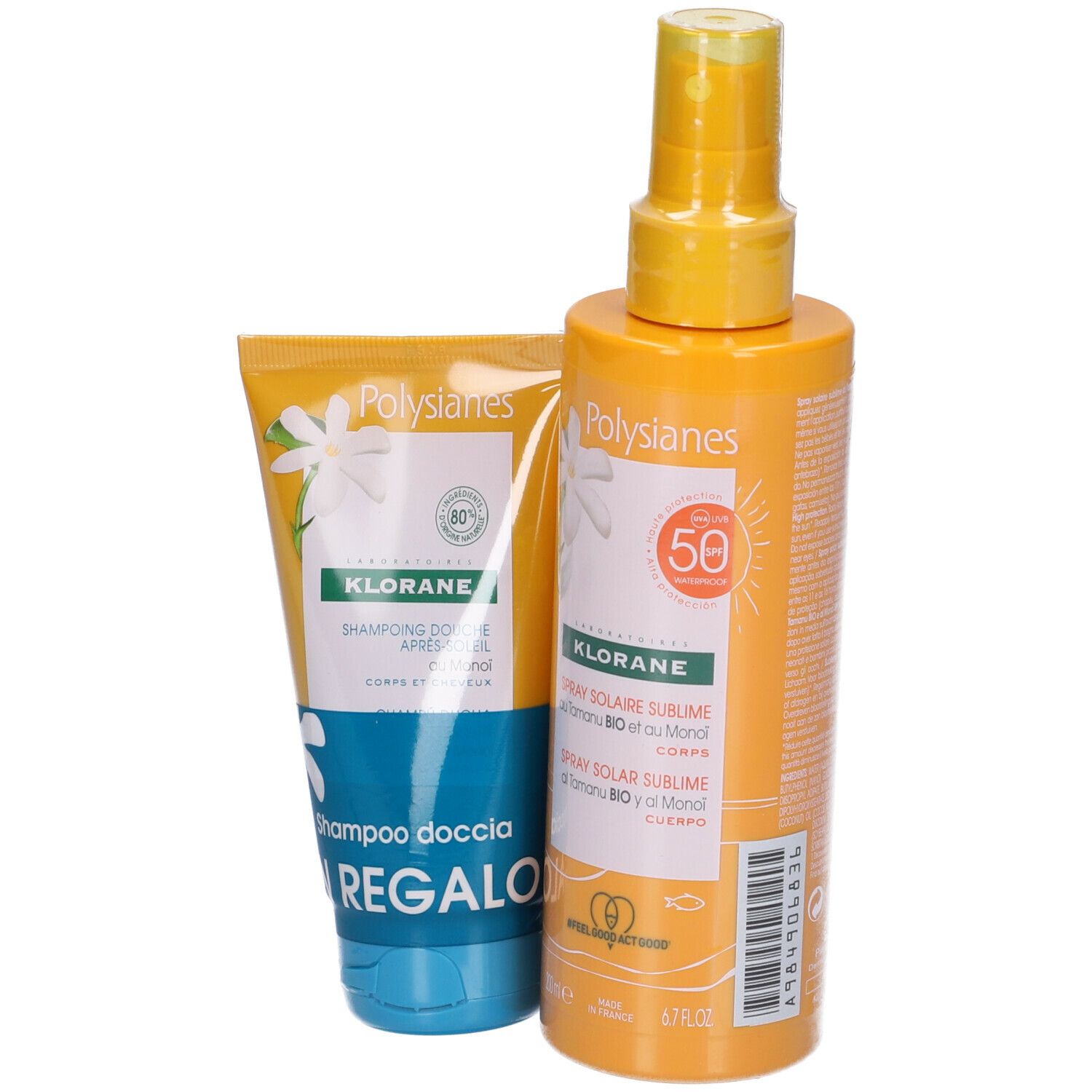 Due flaconi e tubi gialli. Scritte: KLORANE, Spray Solare Sublime SPF 50, Shampoo Doccia. Decorazioni floreali Monoï.