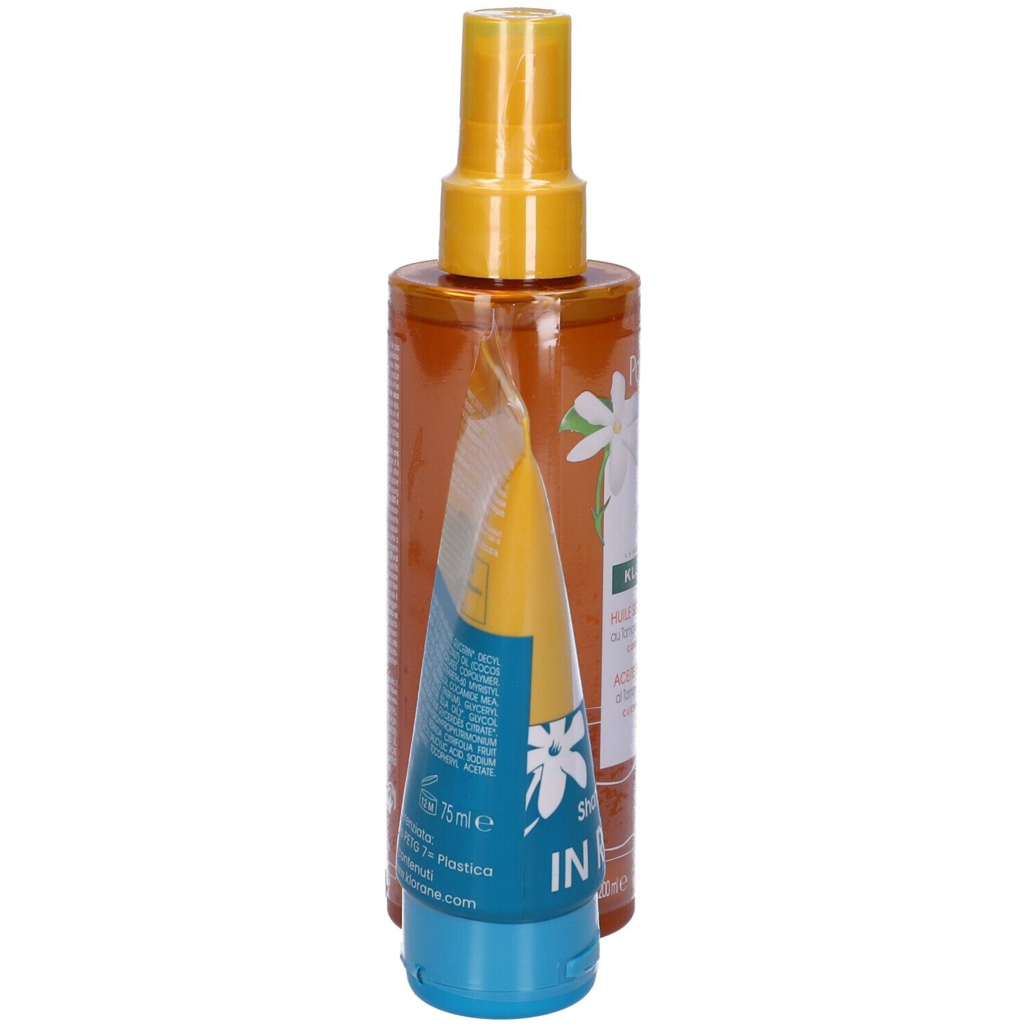 Due prodotti affiancati: flacone spray e tubo. Flacone spray marrone, erogatore giallo. Tubo giallo, blu. Testo: Klorane, Monoï.
