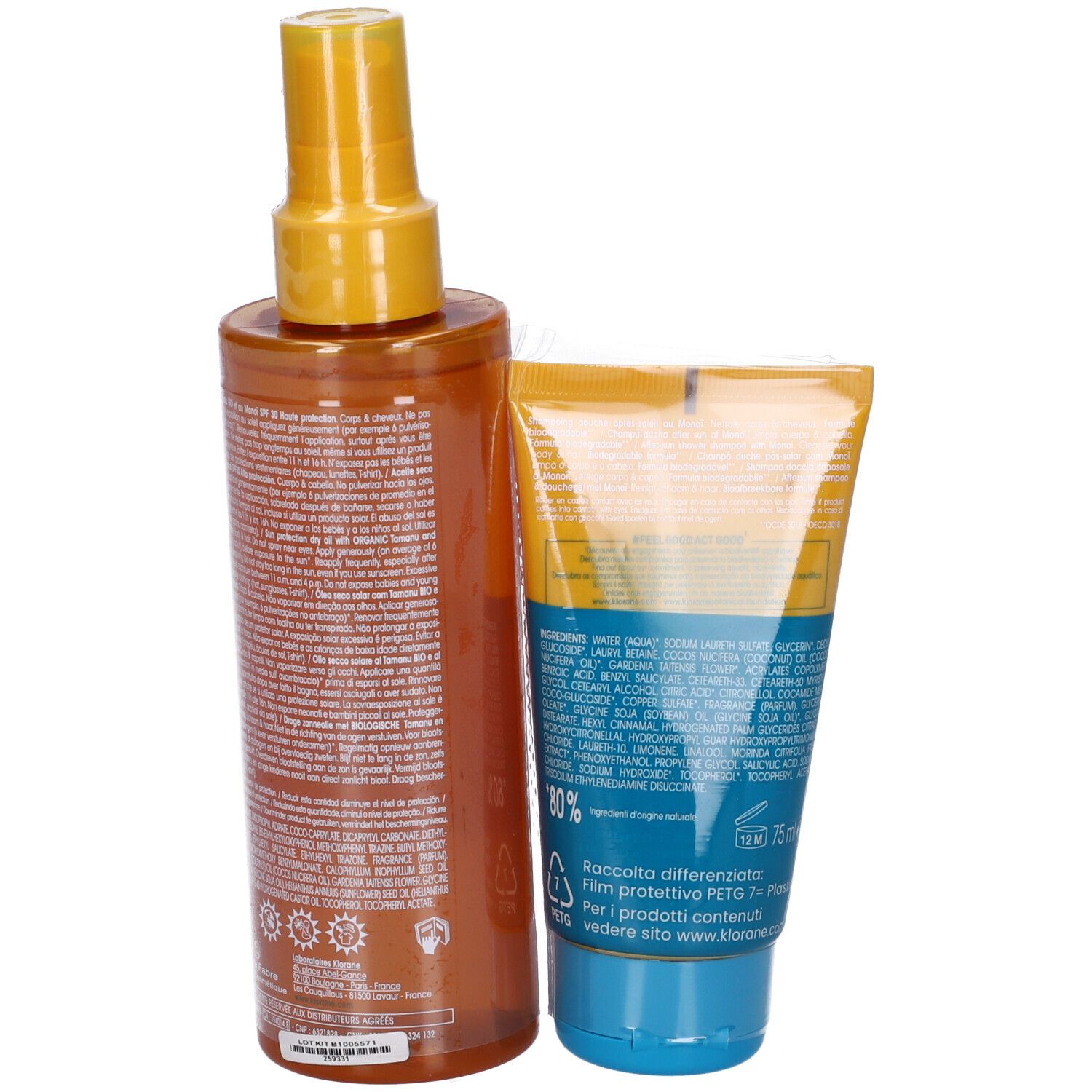 Retro di flacone spray e tubo. Flacone spray marrone, erogatore giallo. Tubo giallo, blu. Testo e ingredienti.
