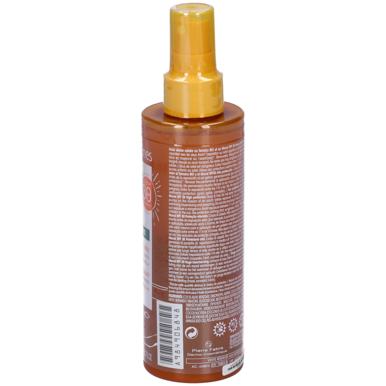 Retro del flacone spray. Bottiglia marrone con erogatore giallo. Testo e ingredienti.