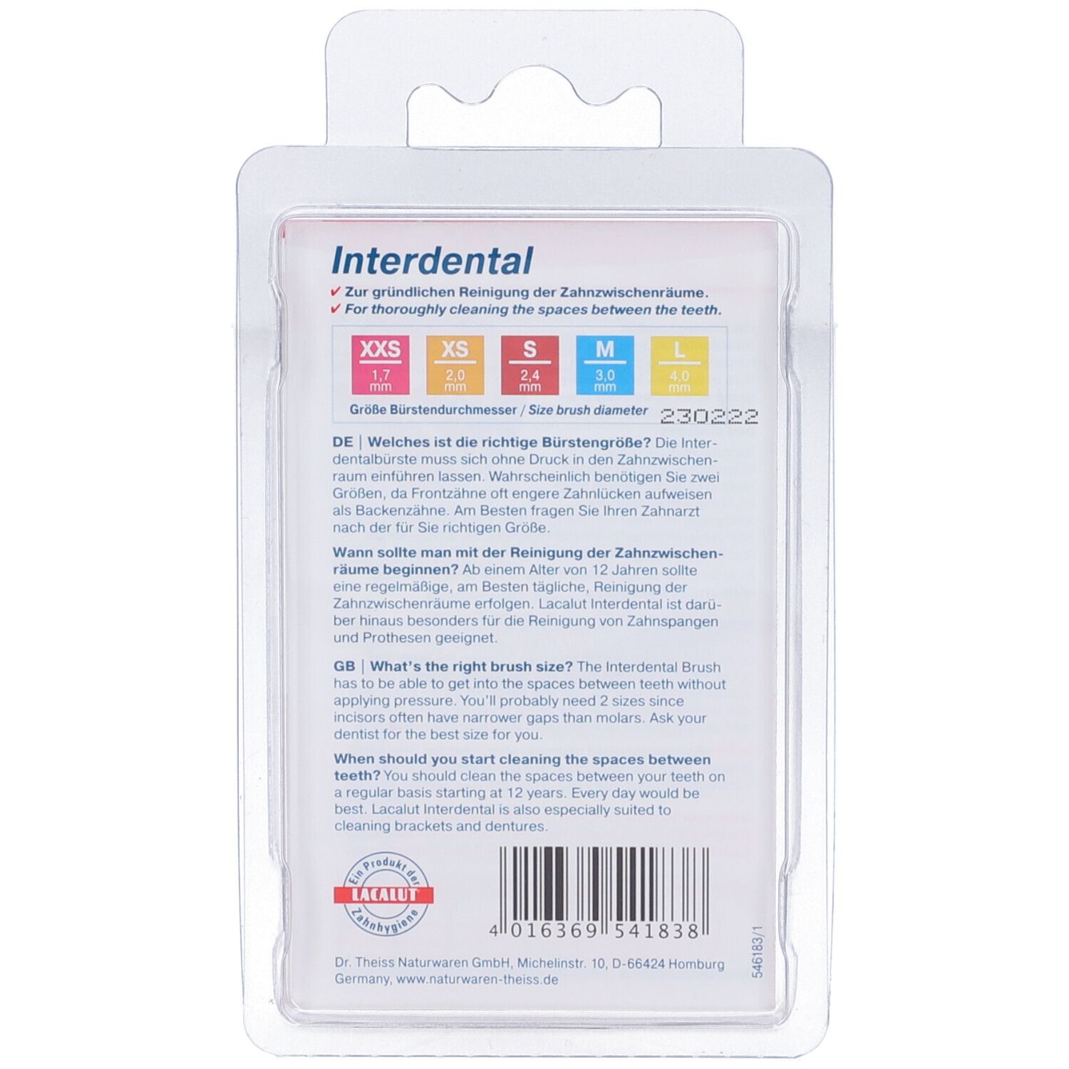 Rückseite der LACALUT Interdental Verpackung. Text in Deutsch und Englisch. Größenübersicht. Barcode und Logo.