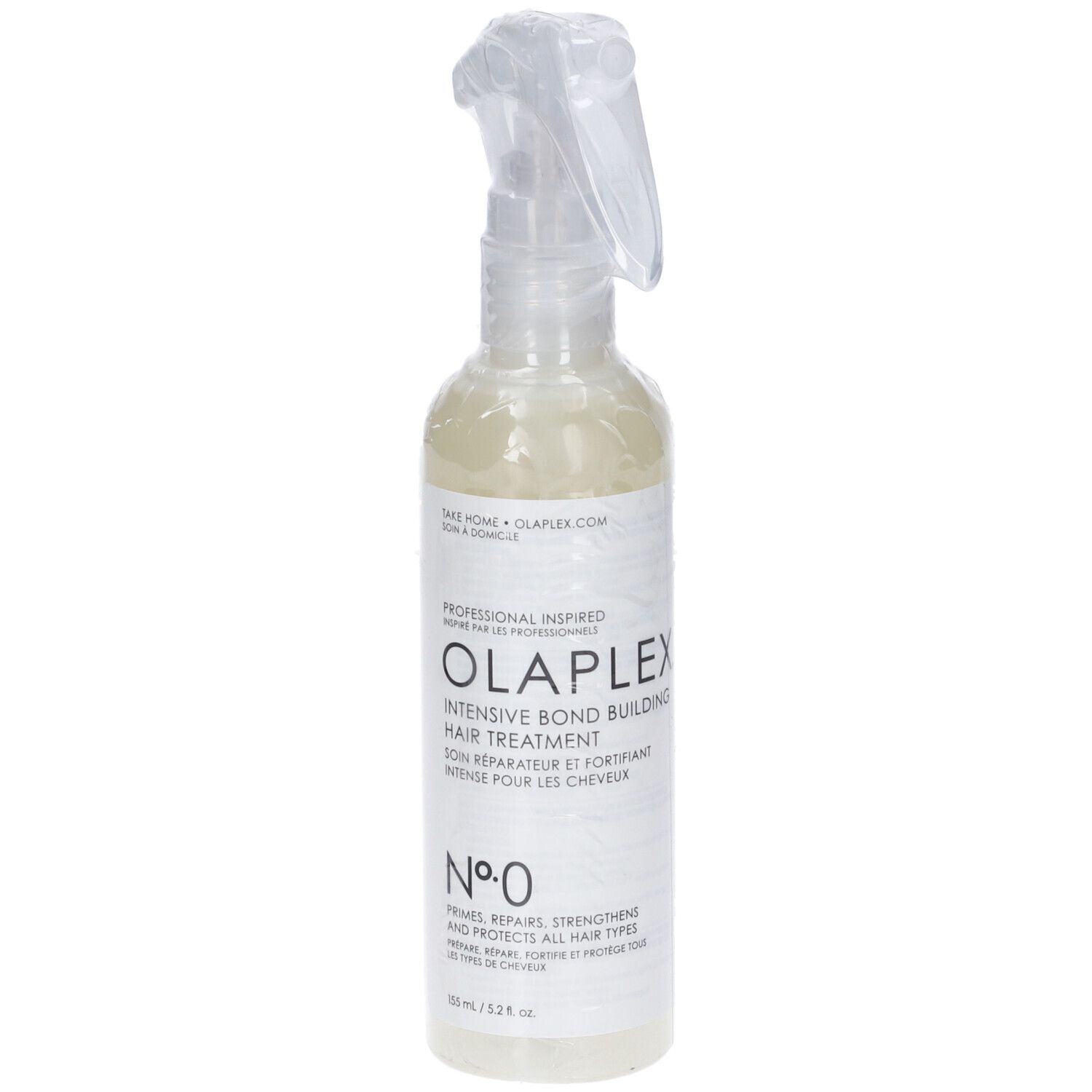 Olaplex Nr. 0 Intensive Bond Building Haarbehandlung in einer transparenten Sprühflasche.