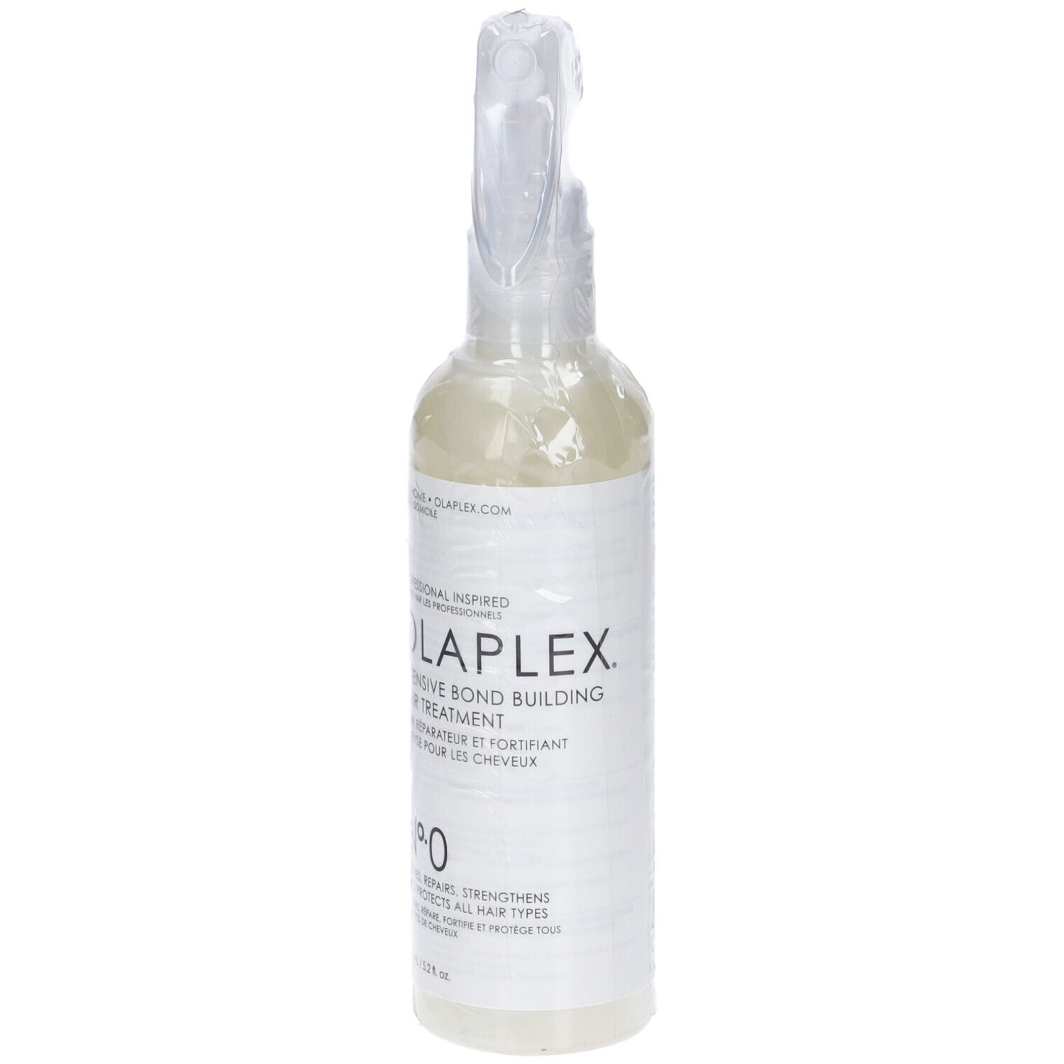 Olaplex Nr. 0 Intensive Bond Building Hair Treatment in klarer Sprühflasche.
