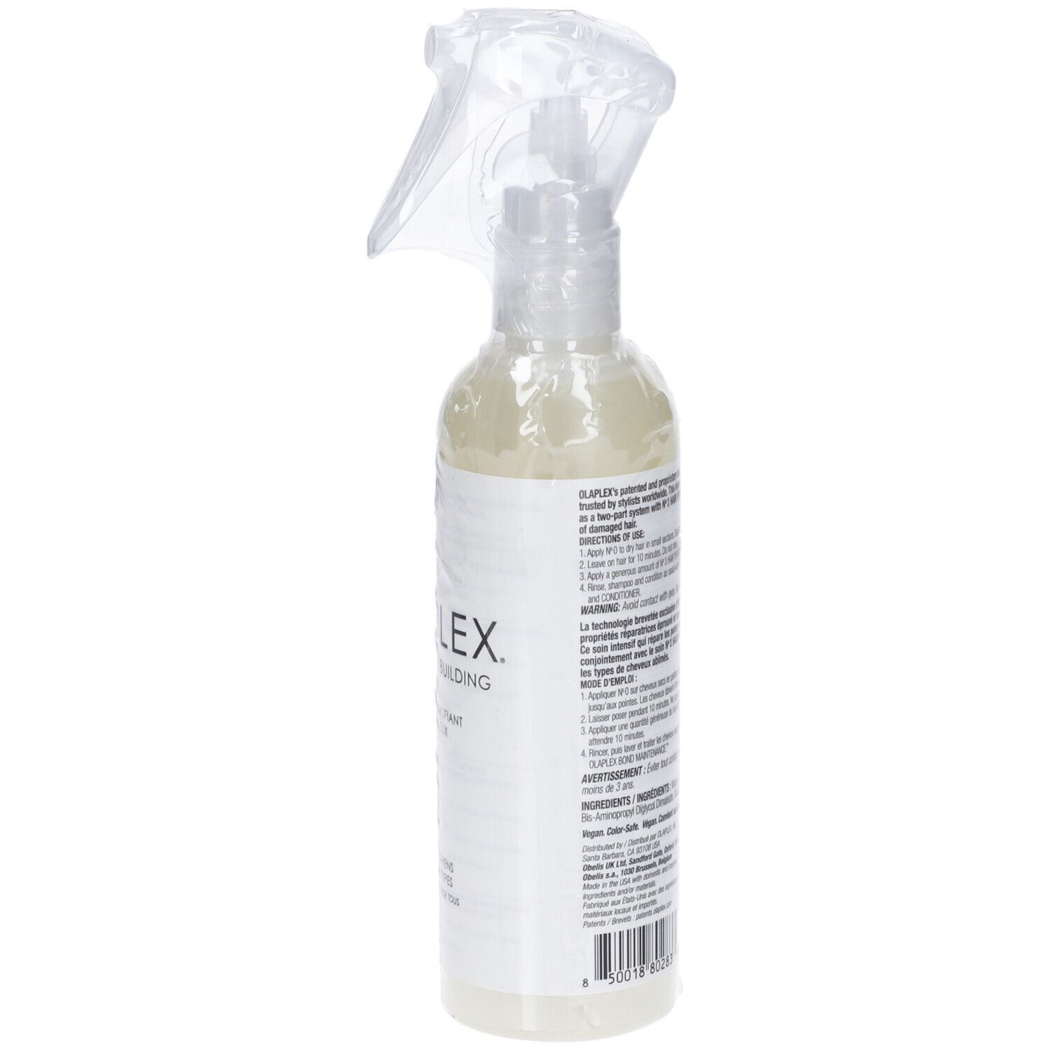 Haarpflege-Spray in transparenter Flasche mit Sprühkopf. Enthält eine klare Flüssigkeit.