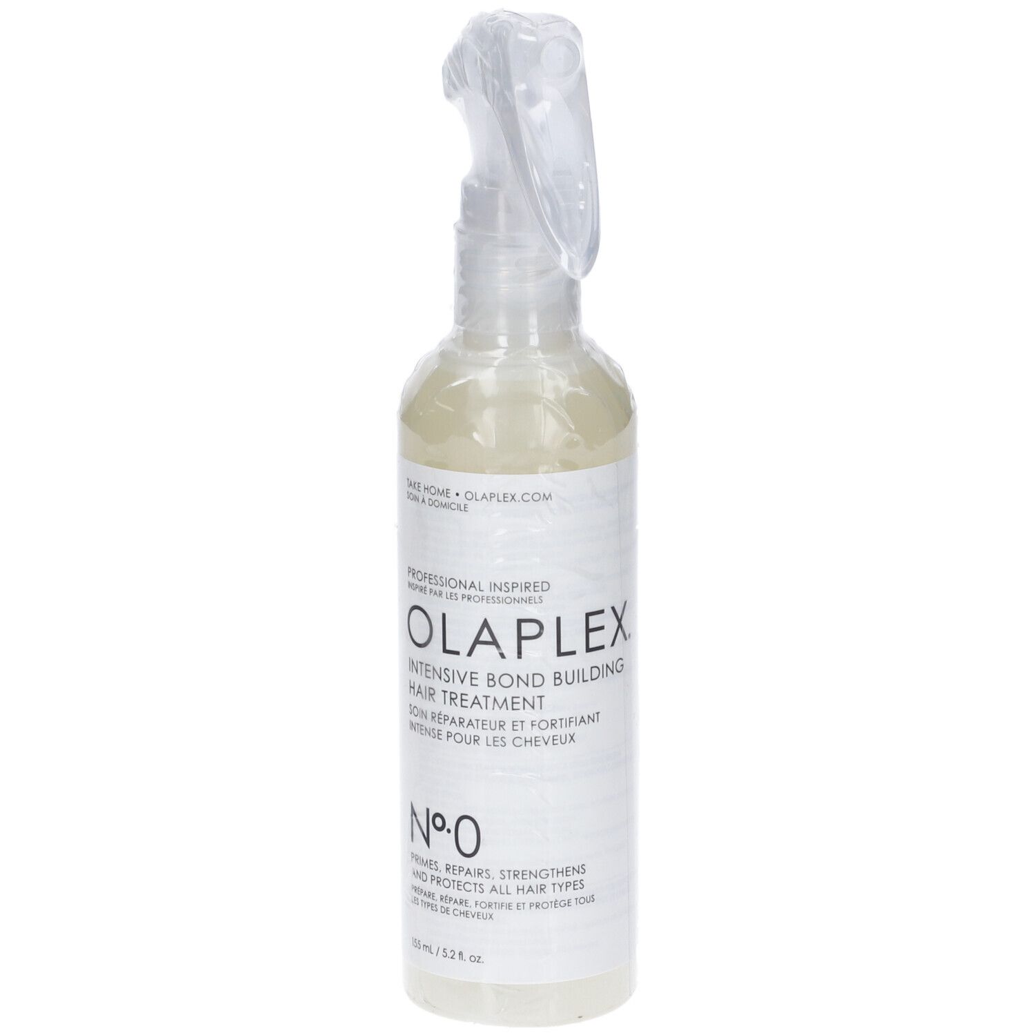 Olaplex Nr. 0 Intensive Bond Building Haarbehandlung in klarer Sprühflasche.
