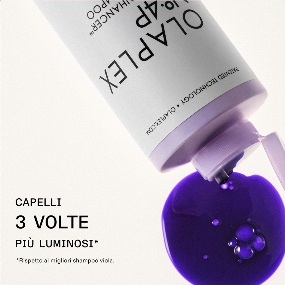 Olaplex Nº4P Blonde Enhancer Toning Shampoo. Lila Flüssigkeit fließt aus der Flasche. Text: Capelli 3 volte più luminosi.