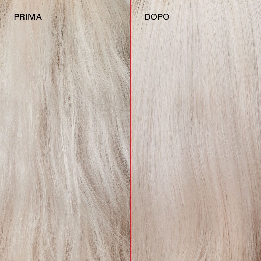 Vergleich von Haaren vor und nach der Anwendung. Blondes Haar, links vor, rechts nach der Anwendung.