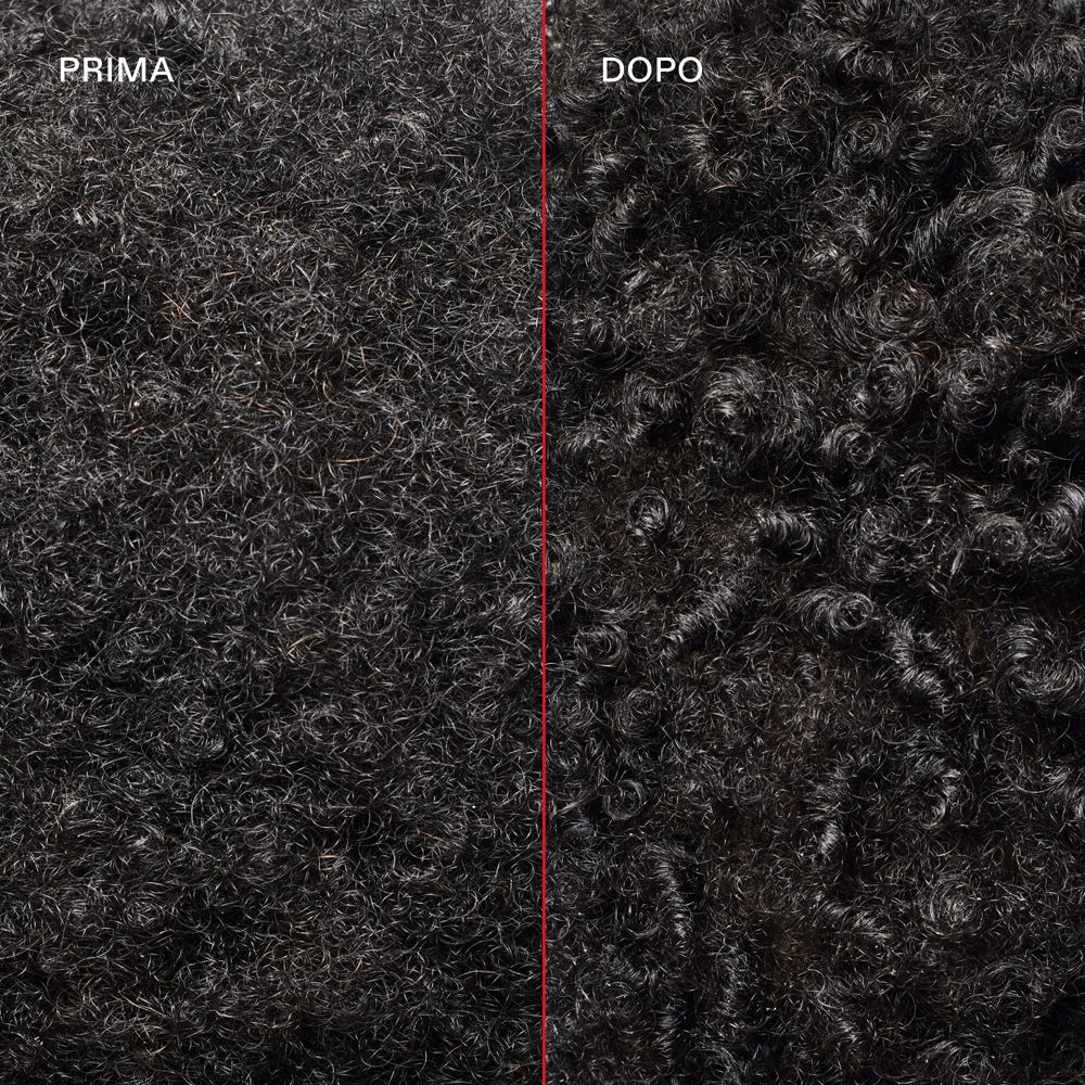 Zwei Bilder von lockigem Haar. Links: kraus, rechts: glatt. Beschriftung: PRIMA und DOPO (vorher/nachher).