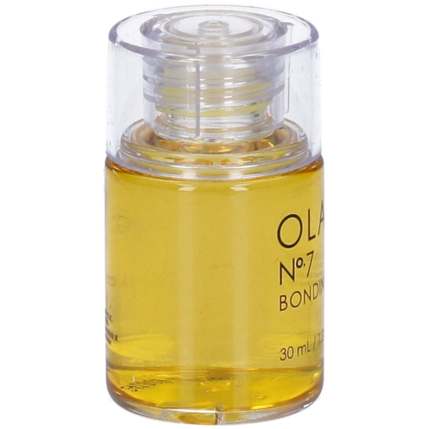 Olio trasparente in flacone con tappo trasparente. Scritta: Olaplex No. 7 Bonding Oil, 30 ml.