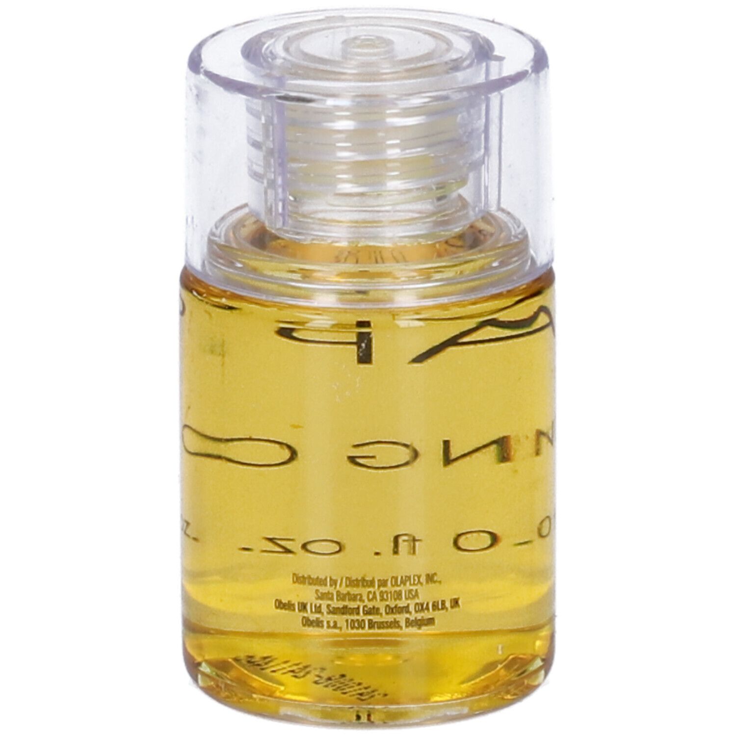 Olio trasparente in flacone con tappo trasparente. Scritta: Olaplex No. 7 Bonding Oil. Scritta sul retro.