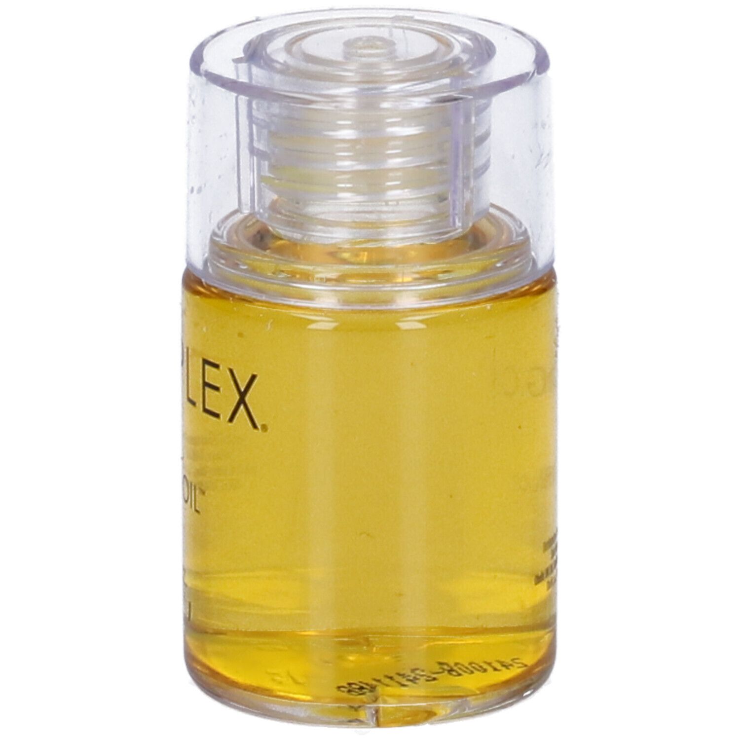 Olio trasparente in flacone con tappo trasparente. Scritta: Olaplex No. 7 Bonding Oil.