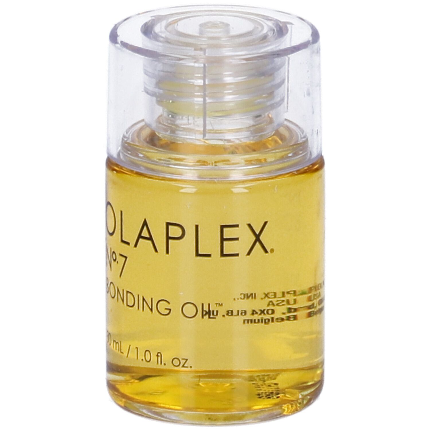 Olio trasparente in flacone con tappo trasparente. Scritta: Olaplex No. 7 Bonding Oil, 30 ml/1.0 fl. oz.