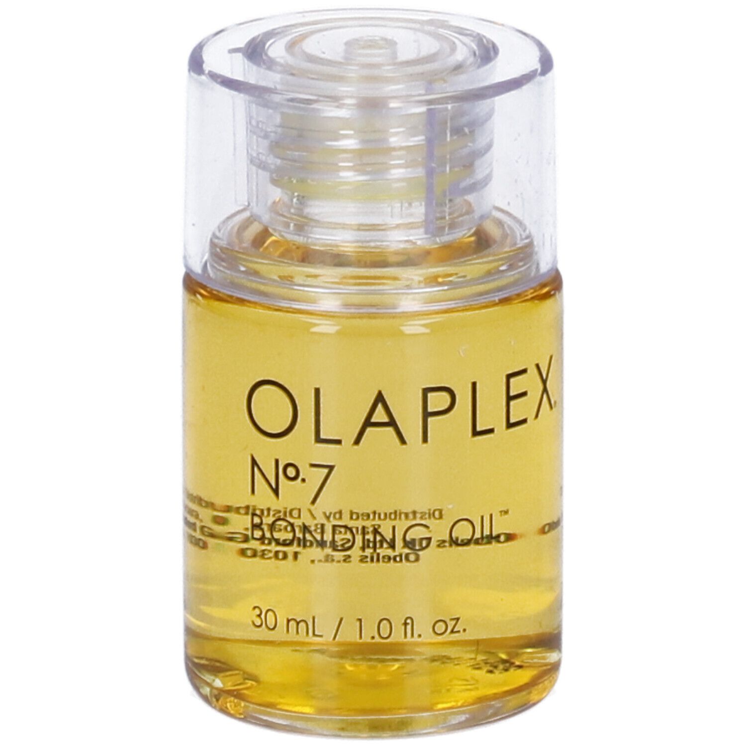 Olio trasparente in flacone con tappo trasparente. Scritta: Olaplex No. 7 Bonding Oil, 30 ml/1.0 fl. oz.