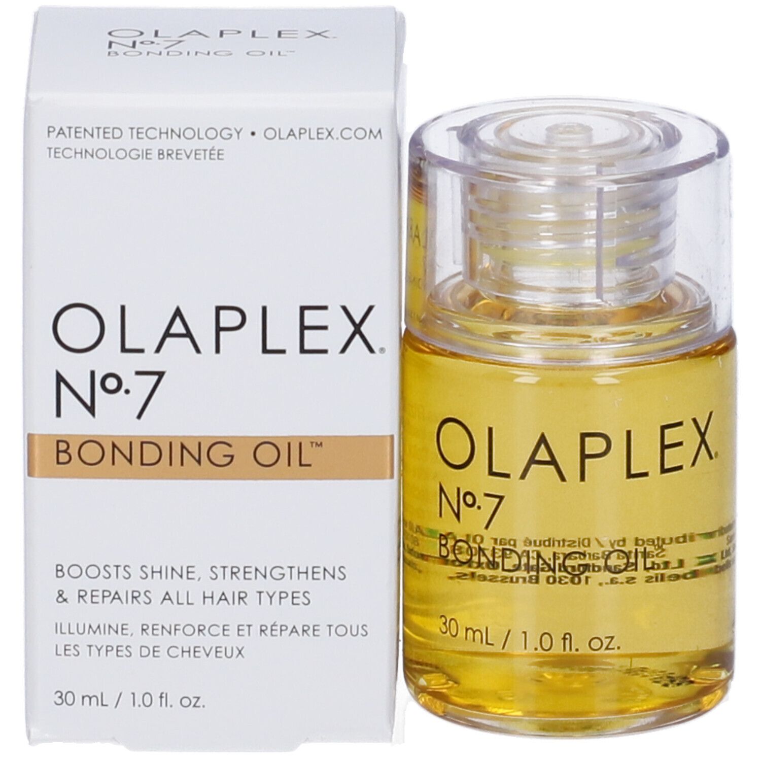 Flacone e confezione Olaplex No. 7 Bonding Oil. Scritta: Olaplex No. 7 Bonding Oil, 30 ml/1.0 fl. oz. Confezione con testo.