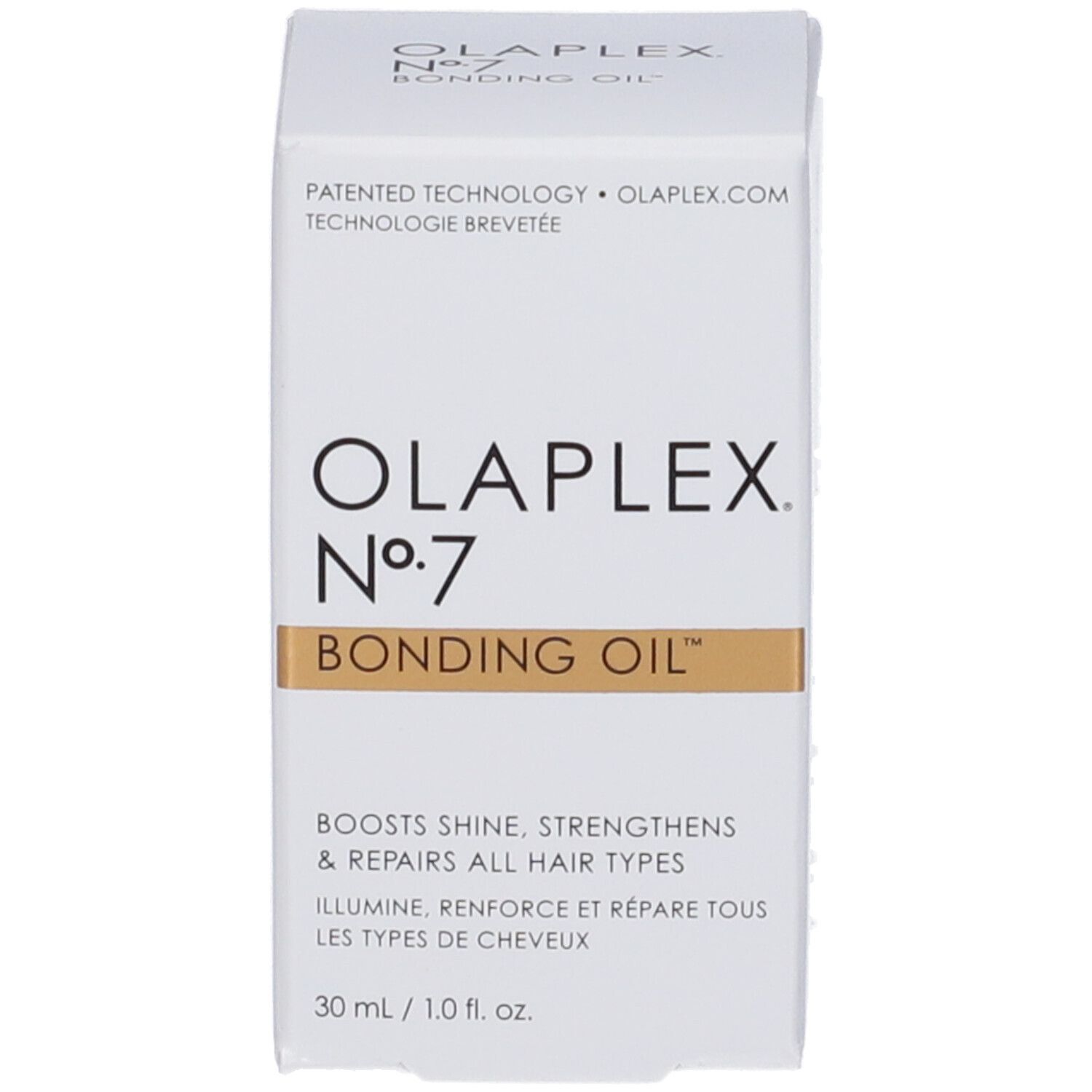 Confezione di Olaplex No. 7 Bonding Oil. Scritta: Olaplex No. 7 Bonding Oil, 30 ml/1.0 fl. oz. Testo sulla confezione.