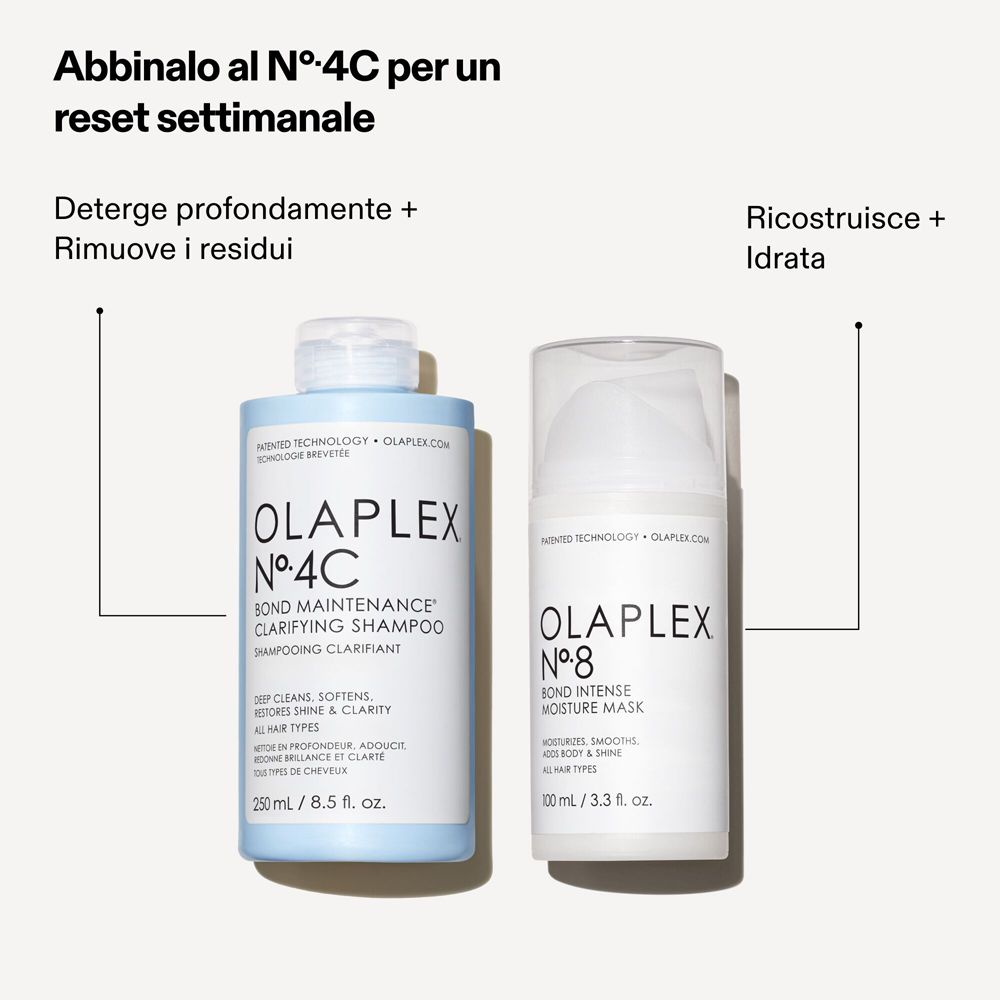 Zwei Flaschen nebeneinander. Links: Olaplex Nr. 4C. Rechts: Olaplex Nr. 8 Bond Intense Moisture Mask. Text in Italienisch.